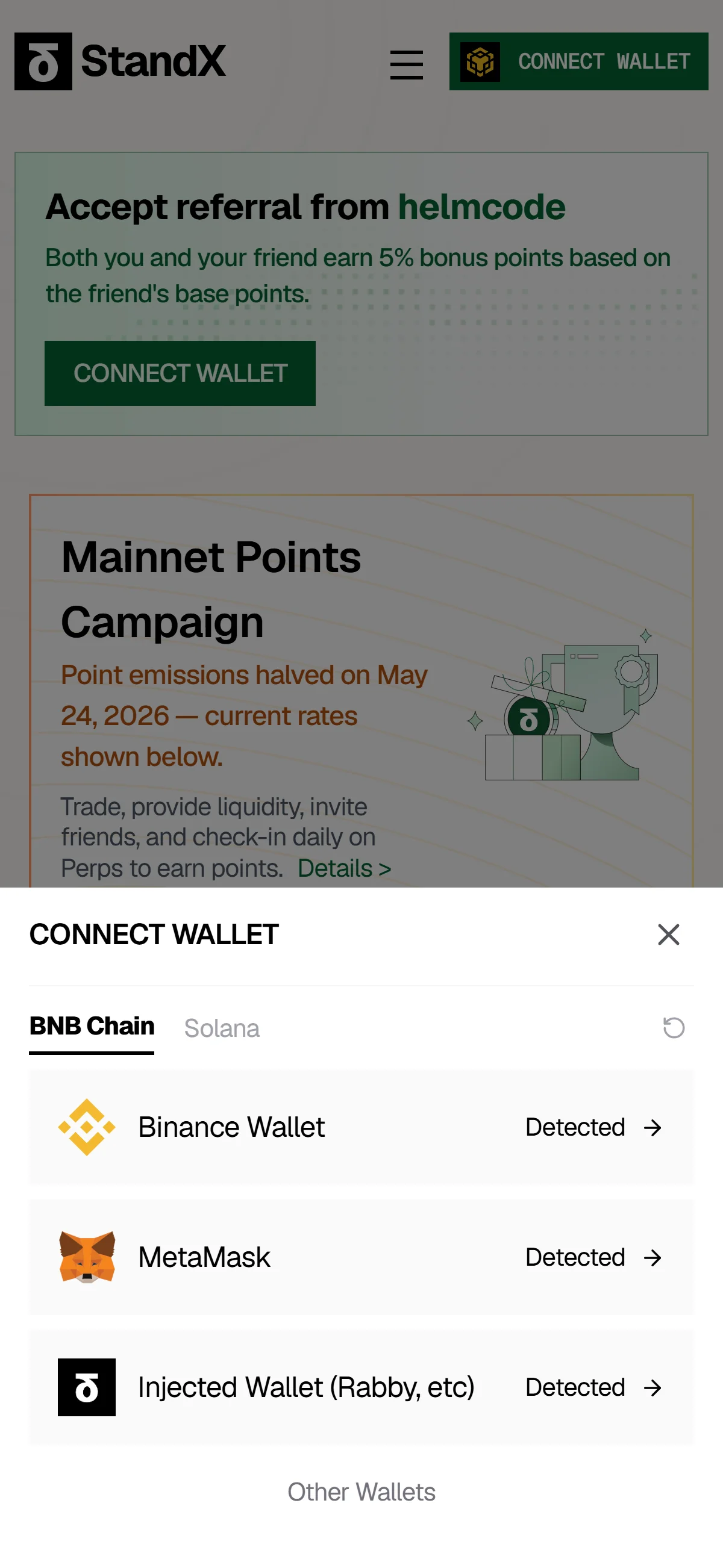 The "CONNECT WALLET" modal lists three detected wallets under the "BNB Chain" tab.