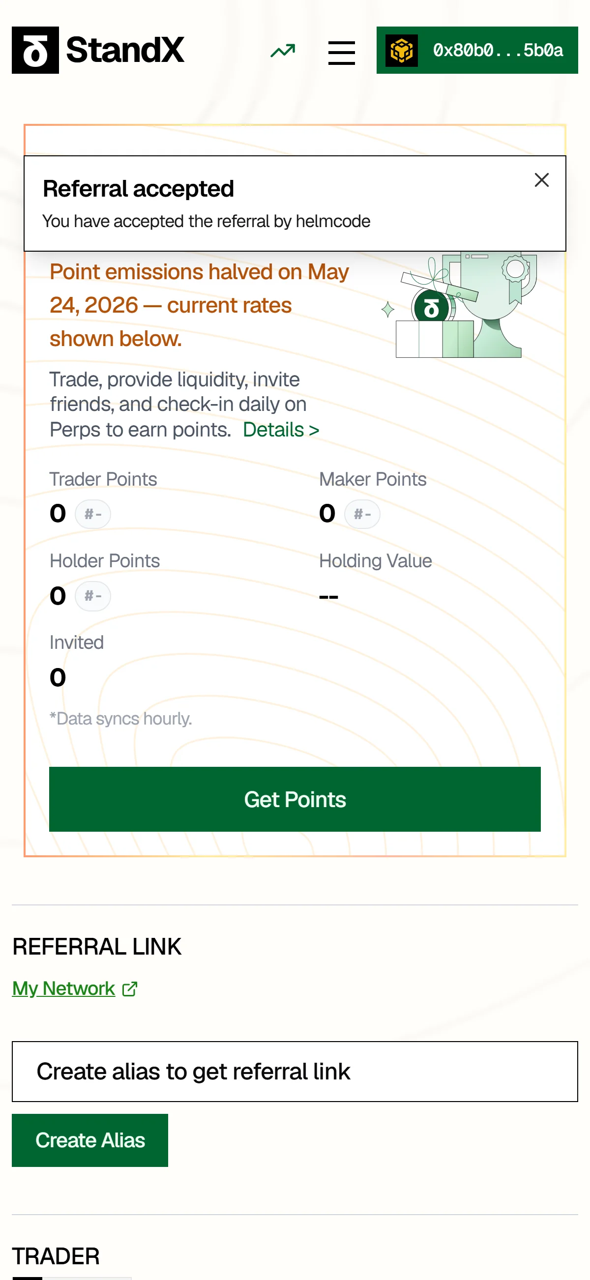 The "Referral accepted" toast confirms the code from helmcode applied to this wallet.