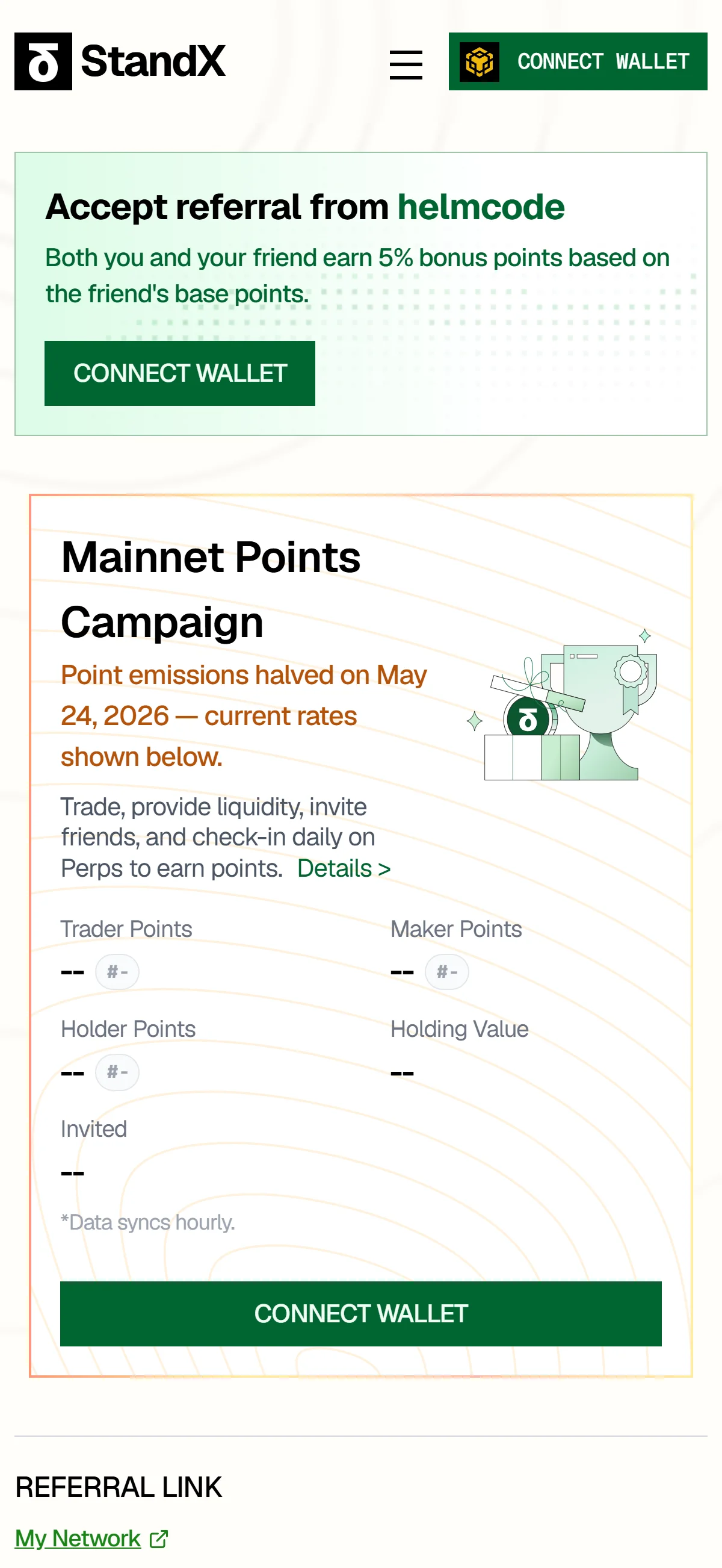 The referral banner from helmcode sits above a points panel that still reads "--".