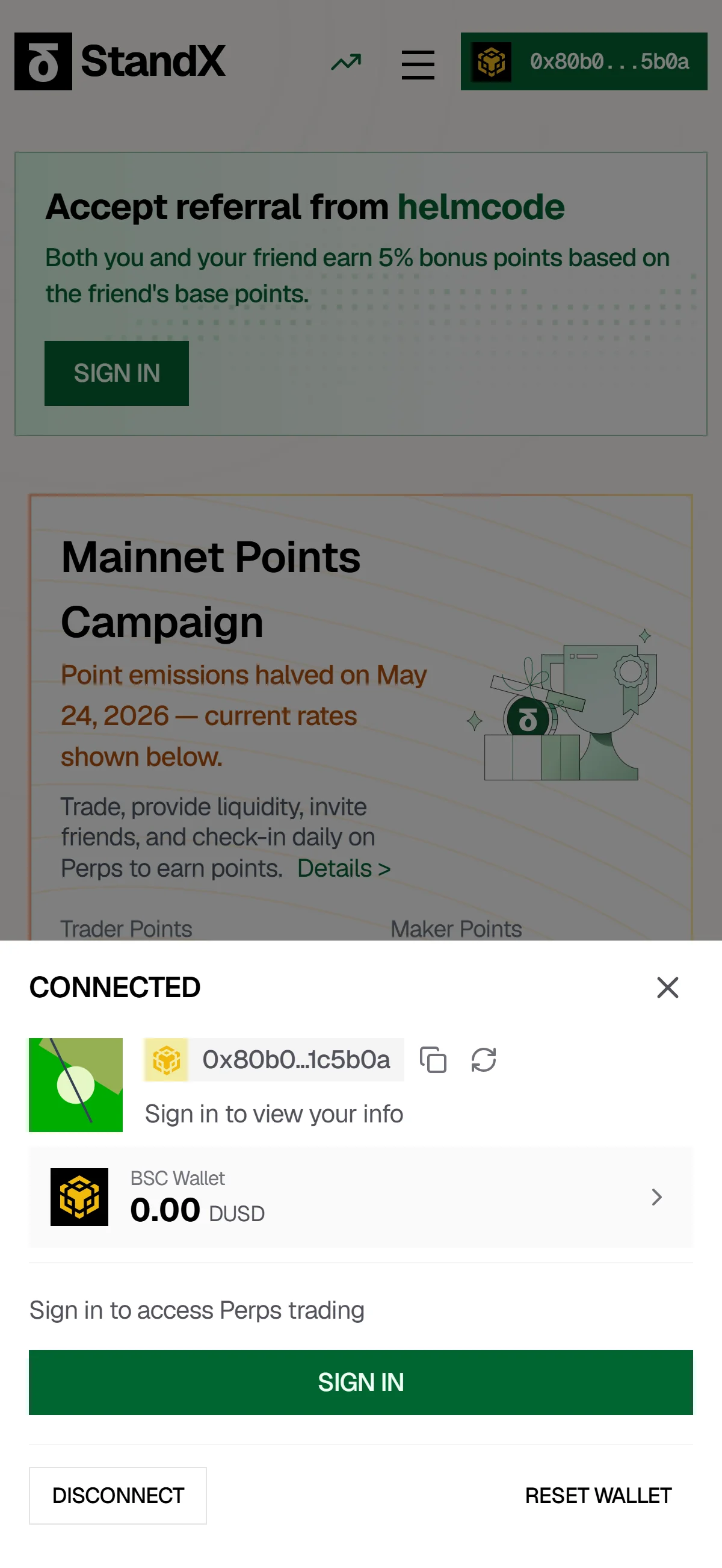 The "CONNECTED" panel shows a truncated address and a "SIGN IN" button above "DISCONNECT".