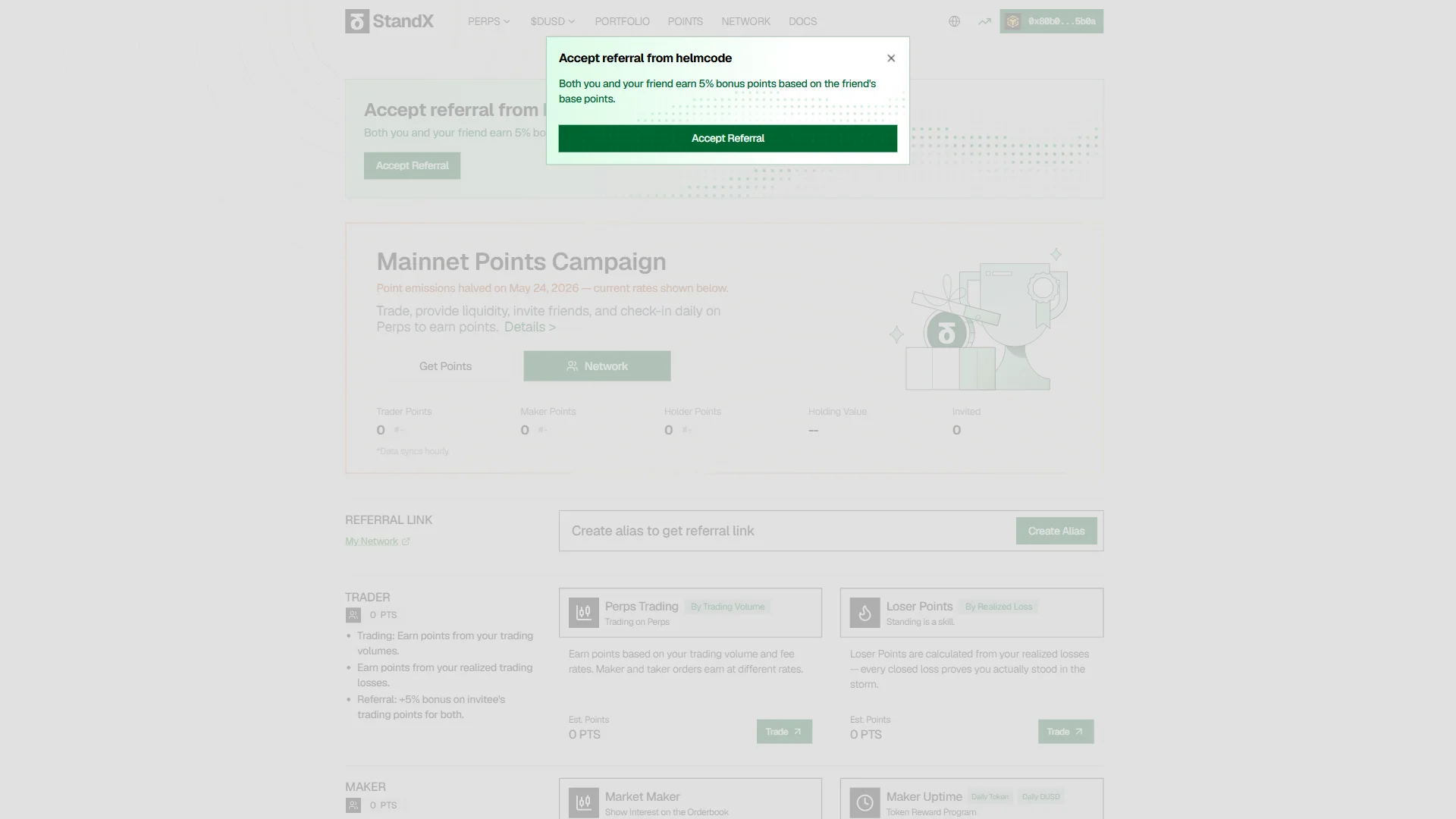 The "Accept referral from helmcode" modal restates the 5% bonus over a signed-in page.