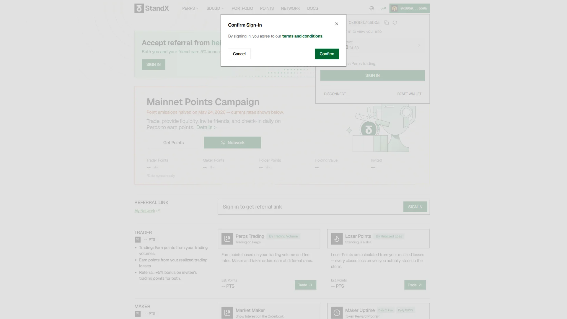 The "Confirm Sign-in" modal ties signing in to the linked "terms and conditions".