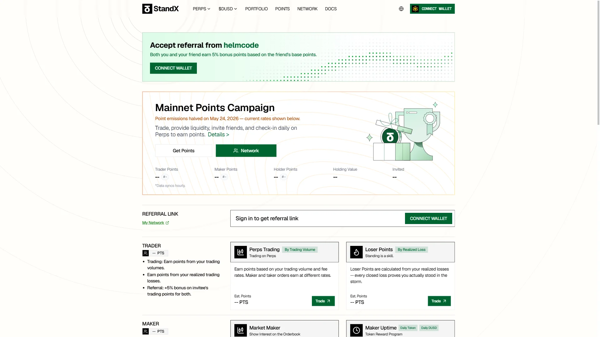 The referral banner from helmcode sits above a points panel that still reads "--".