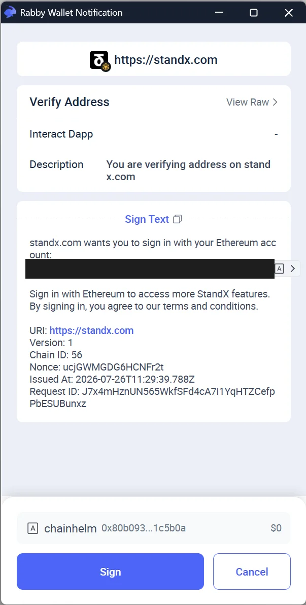 The "Sign Text" panel shows the sign-in message with URI, Chain ID, and nonce.