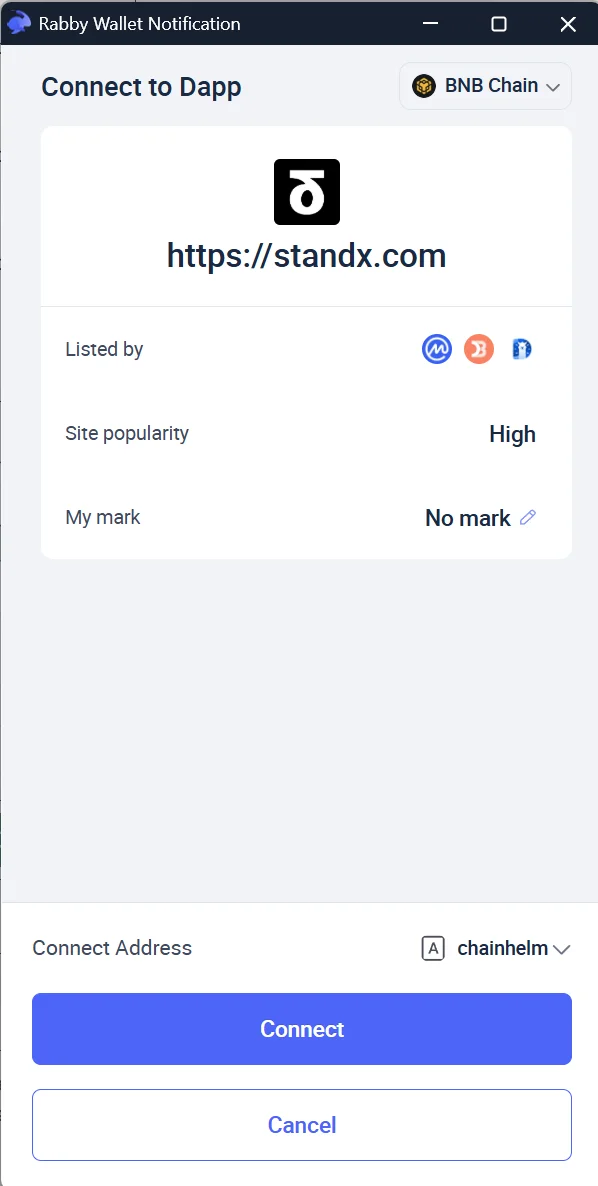 Rabby asks to connect to https://standx.com on "BNB Chain", with "Connect" and "Cancel".