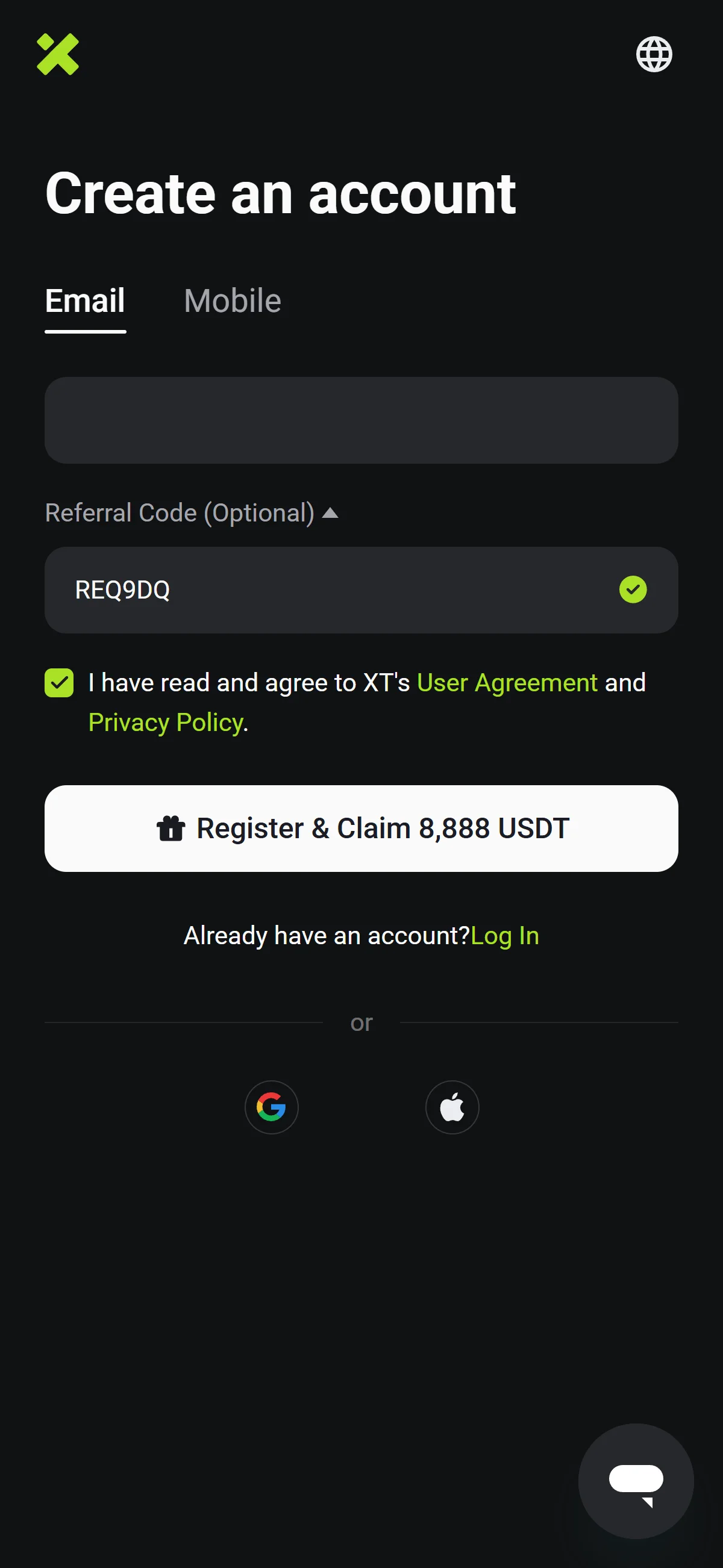 Account creation form
