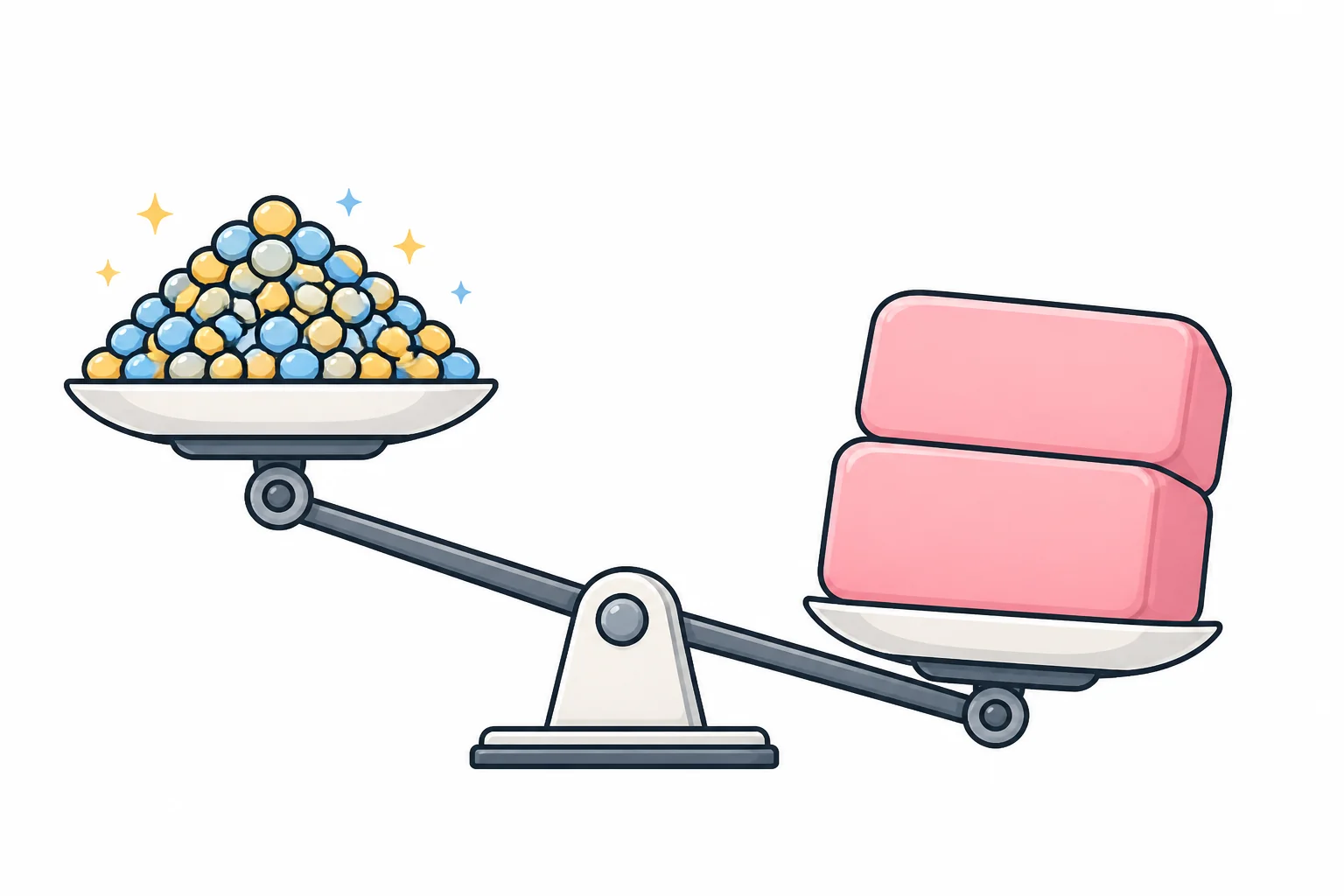 A seesaw scale where a big pile of small coins on one side is outweighed by a few large heavy blocks on the other