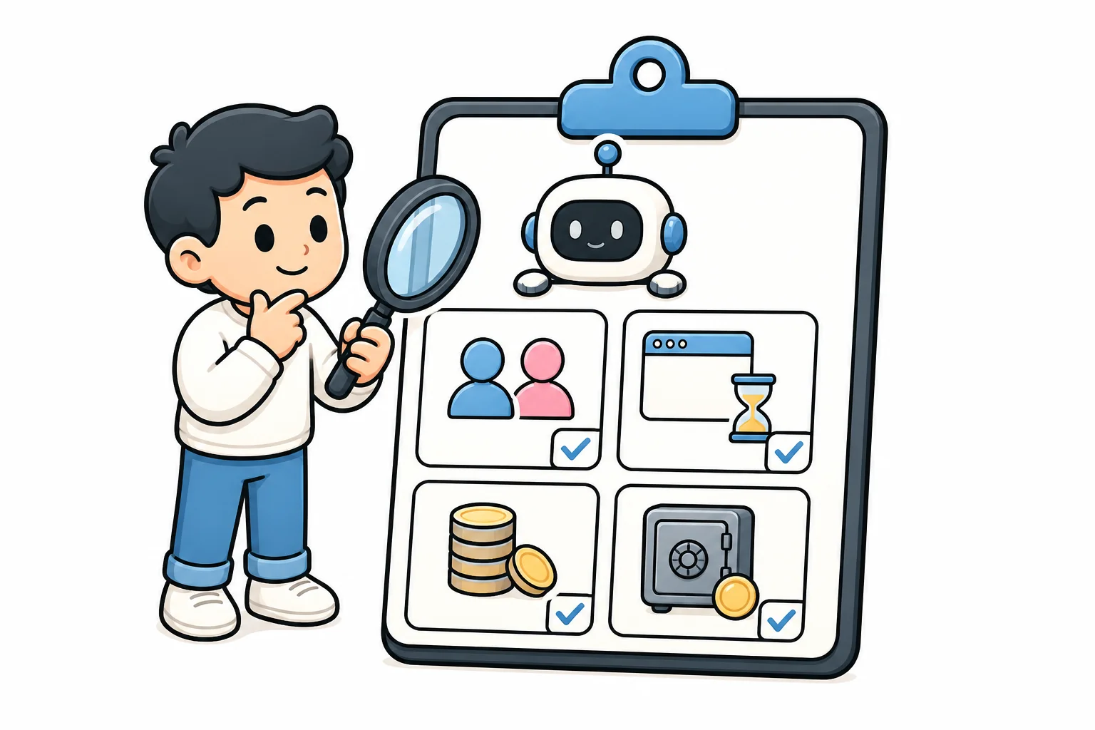 A person with a magnifying glass inspecting a checklist board about a robot, with ticked tiles showing people, a website window with an hourglass, coins, and a safe