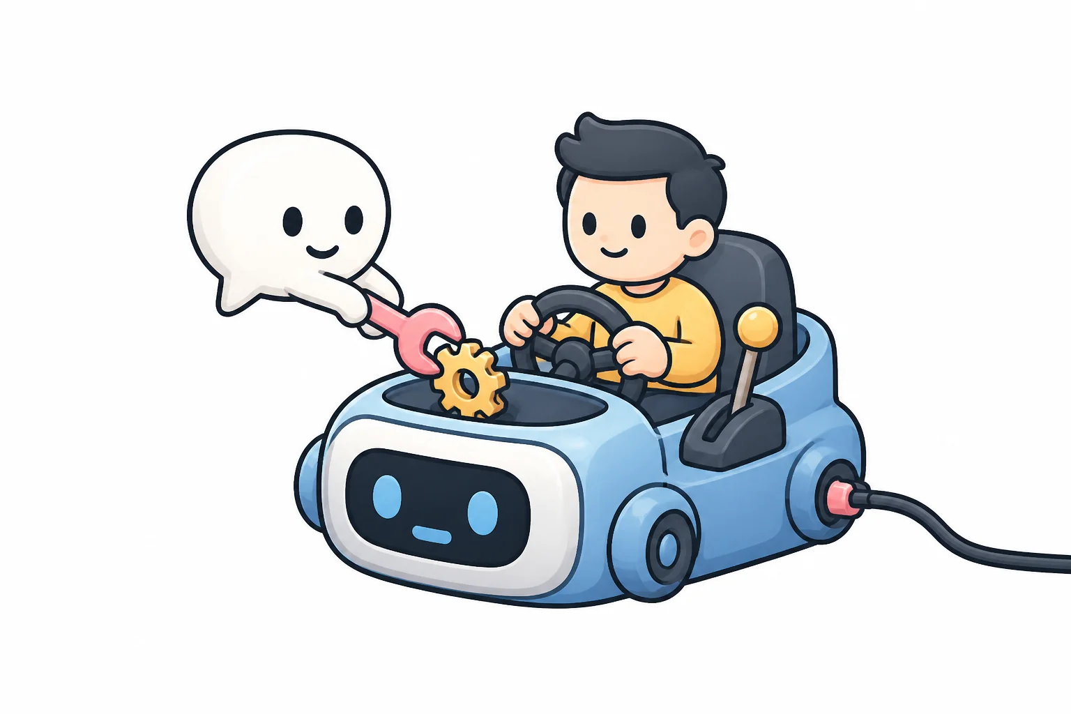 A friendly chat-bubble character installing a gear into a small robot car while a person stays in the driver's seat holding the wheel