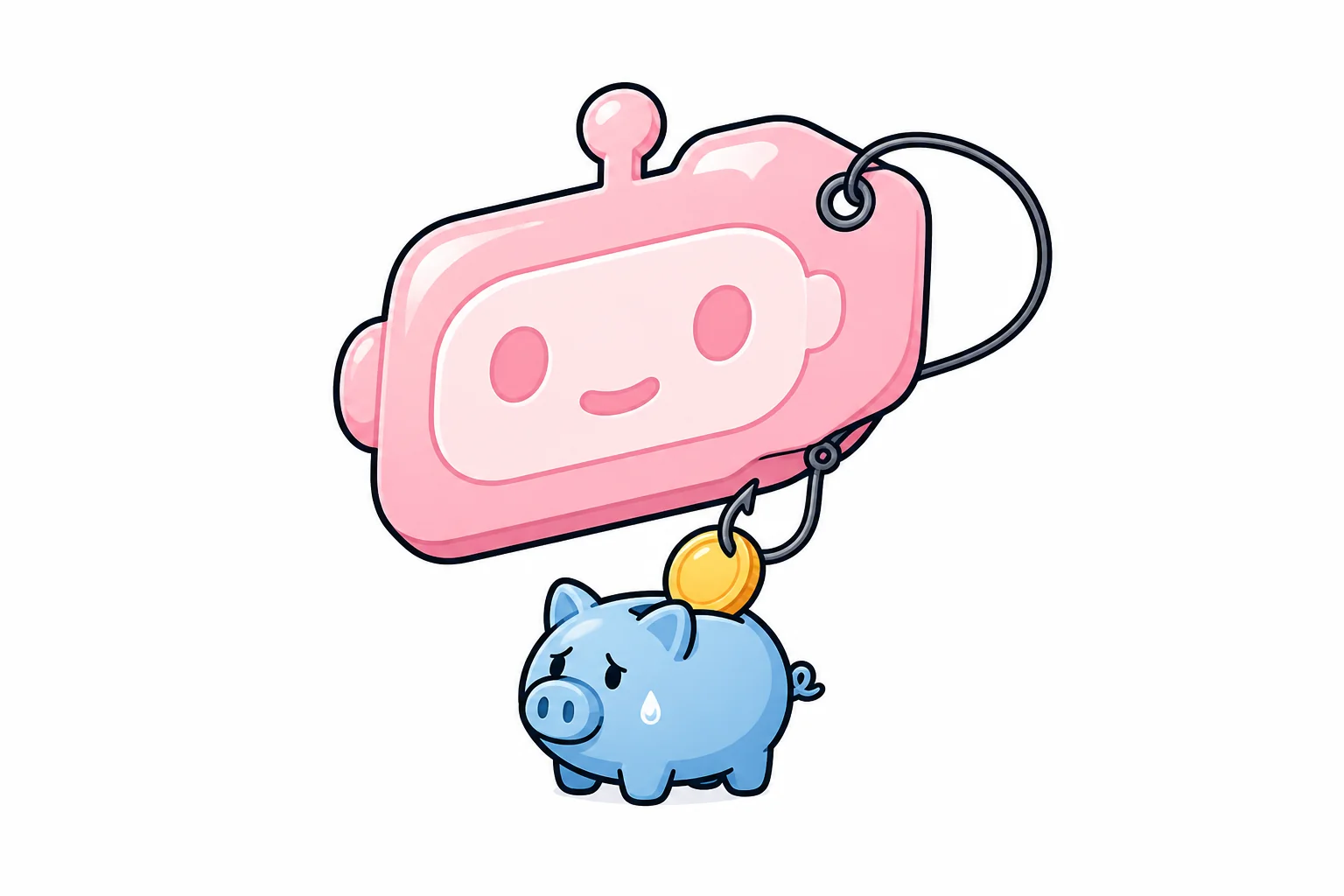 A robot-shaped price tag hanging over a small worried piggy bank holding one coin