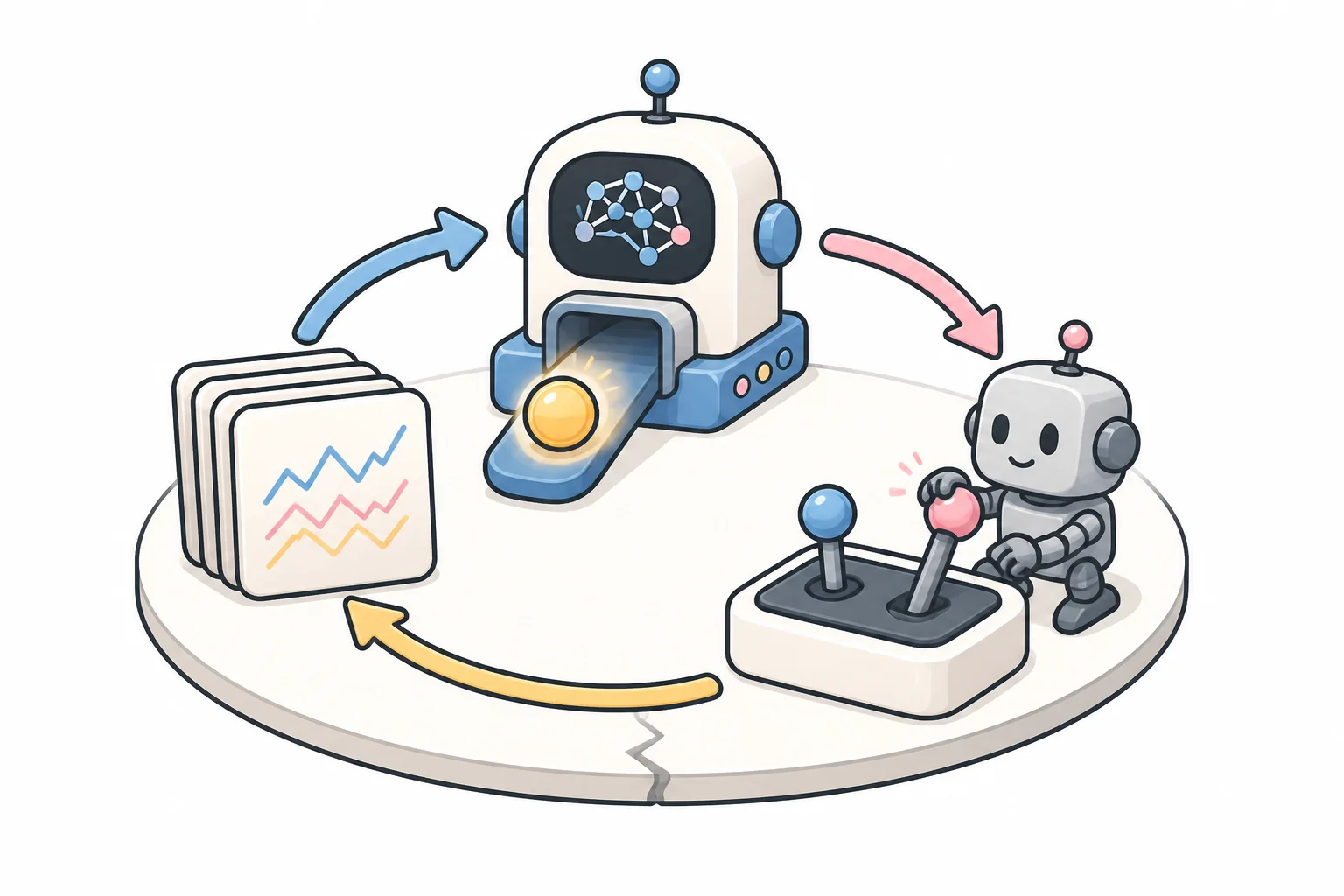 A circular loop in which stacks of chart cards feed a learning machine, which hands its output to a small robot at a trading lever, with arrows cycling back around