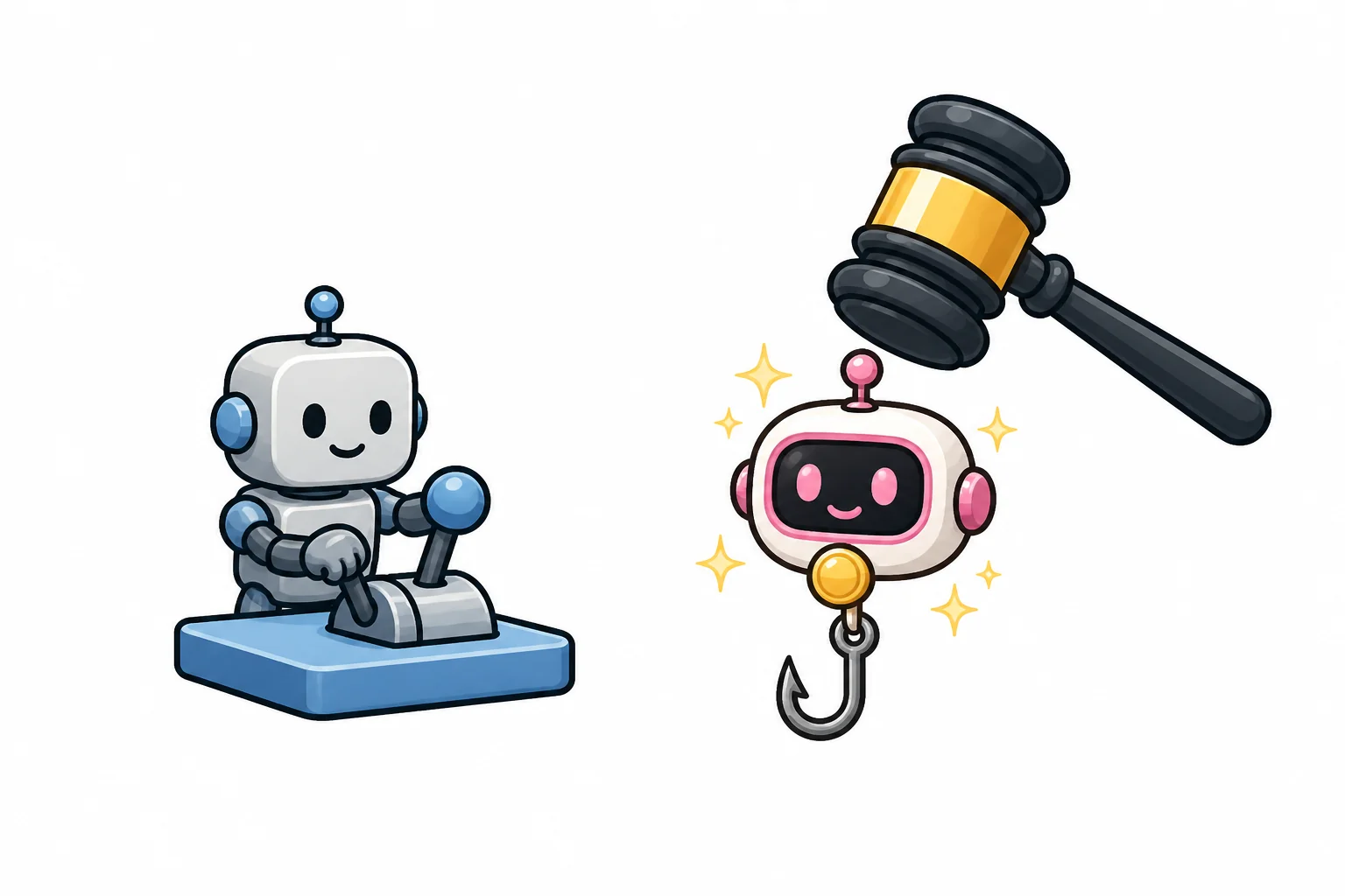 A plain robot working a control lever beside a judge's gavel, while a glittering robot dangles from a fishing hook as bait