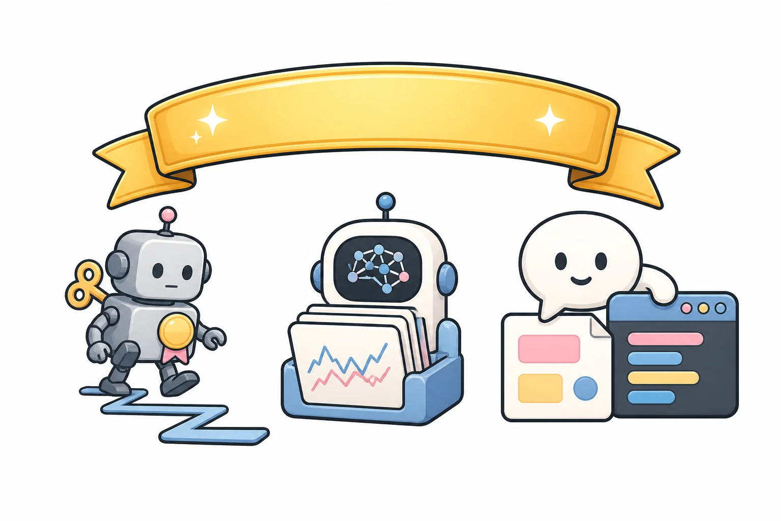 Three different machines under one shiny blank banner: a wind-up toy robot, a machine studying stacks of price charts, and a friendly chat bubble beside a document