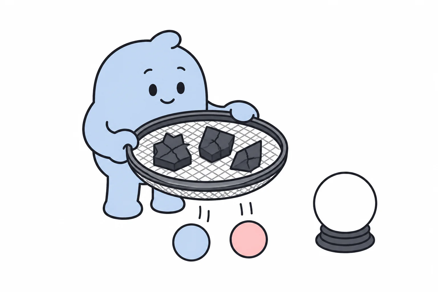 A character shaking a sieve that holds back dark lumps while colored balls fall through, with an unused crystal ball beside it