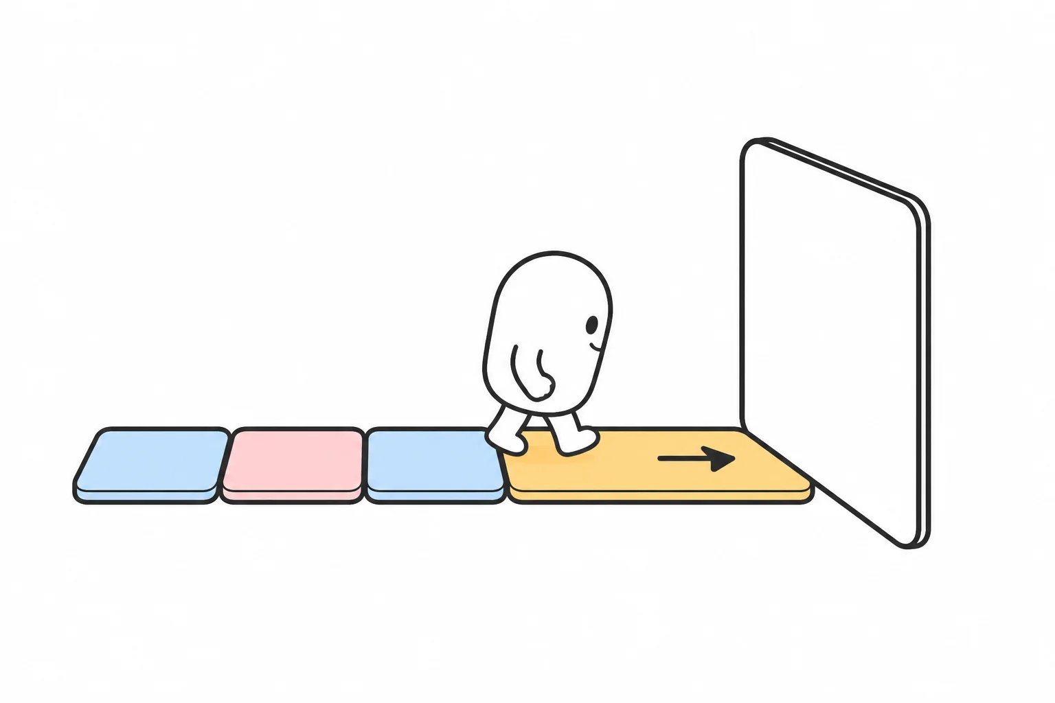 A character stepping along a row of floor tiles one at a time toward an open door