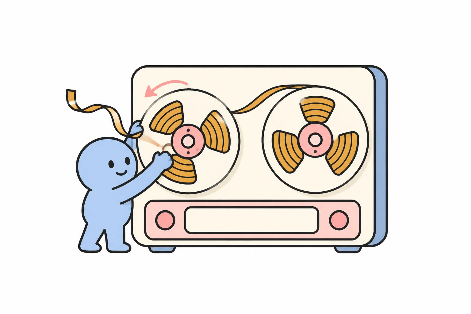 A small character rewinding a reel-to-reel tape player, pulling the tape back to replay it