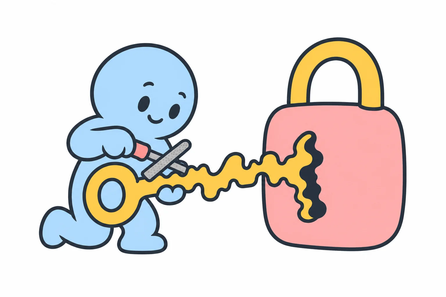 A character filing a wavy key so that it fits one particular lock