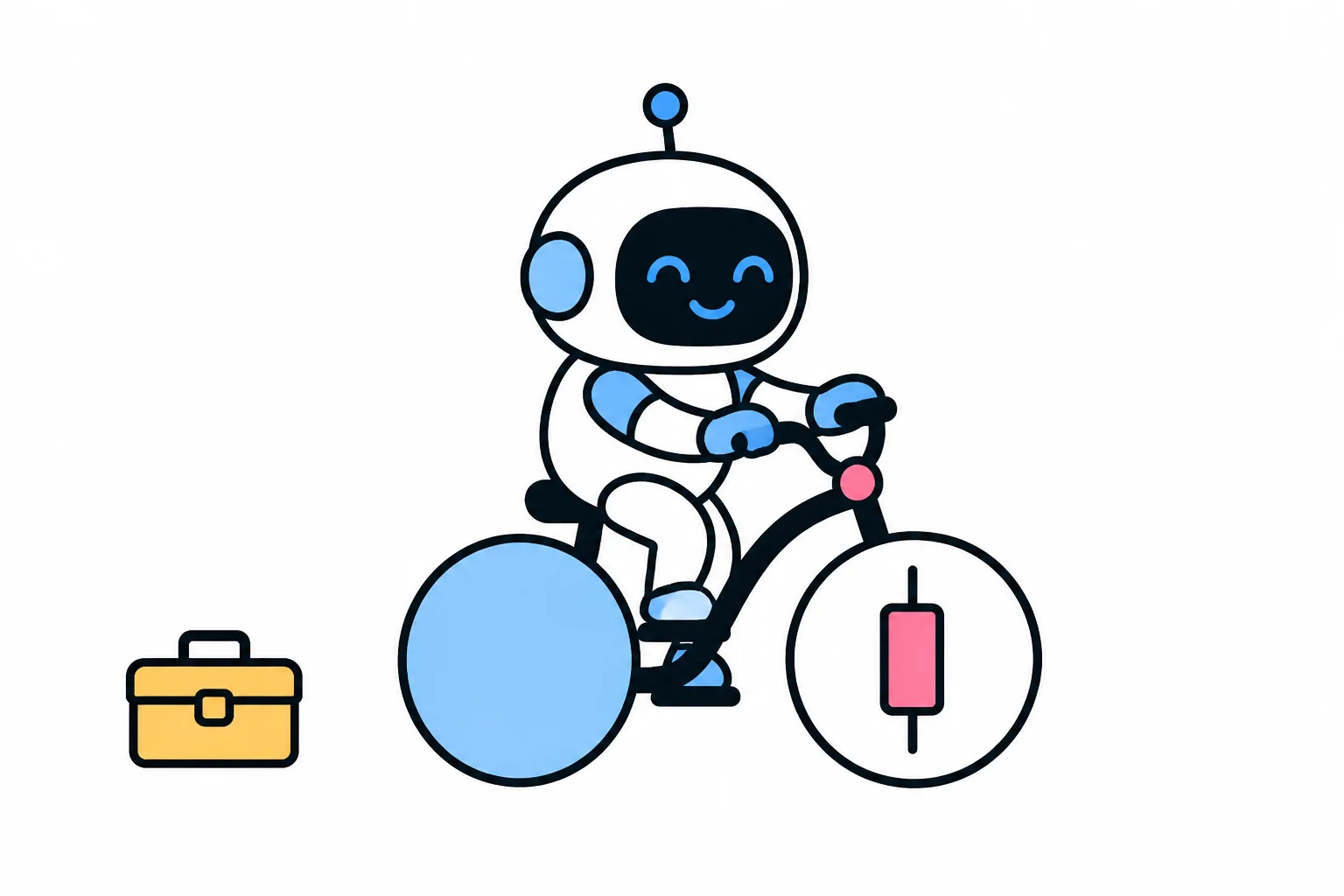 A robot riding a simple bicycle, leaving a heavy toolbox behind