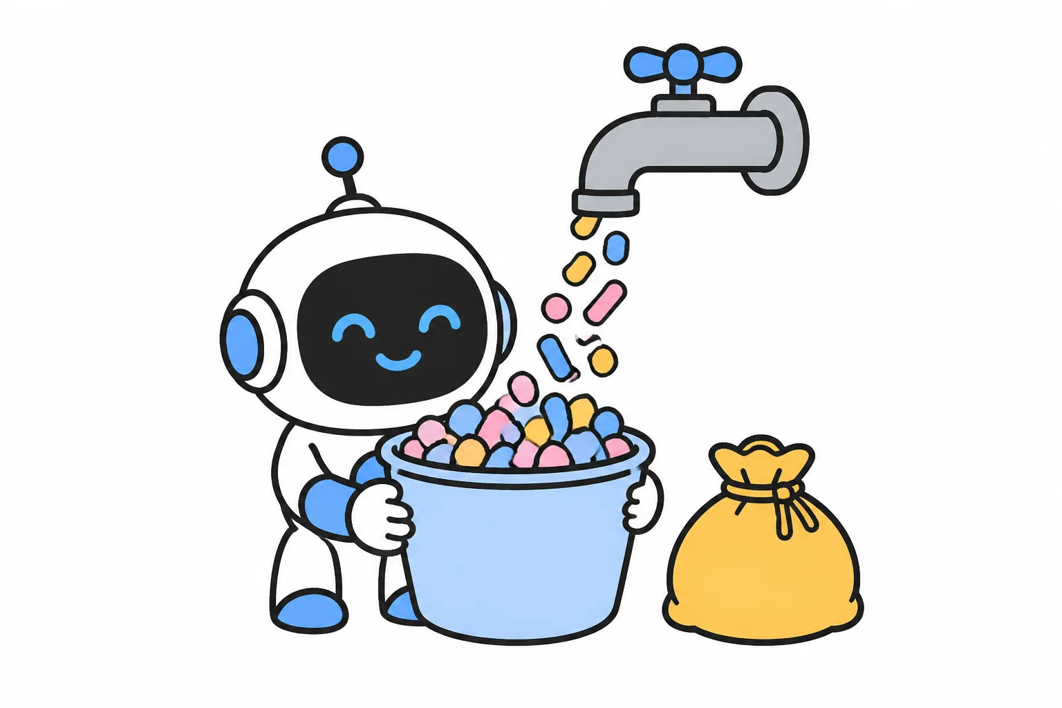 A robot filling a bucket for free from a tap, with a money bag left unused
