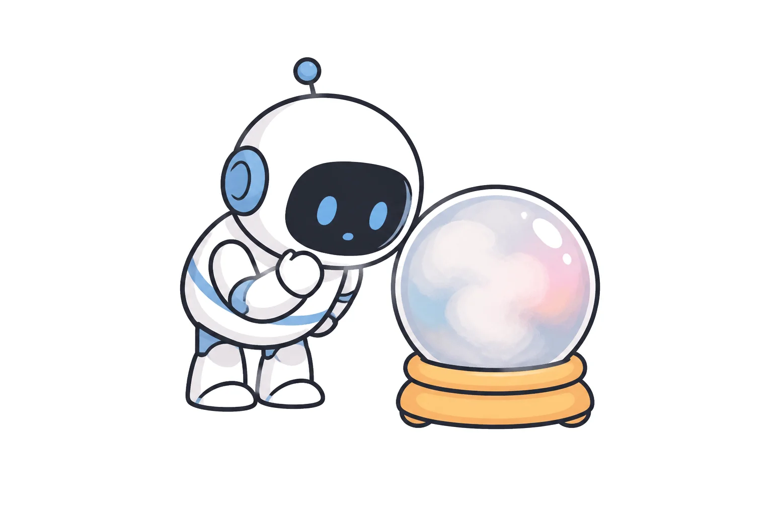 A robot peering into a crystal ball that shows only fog