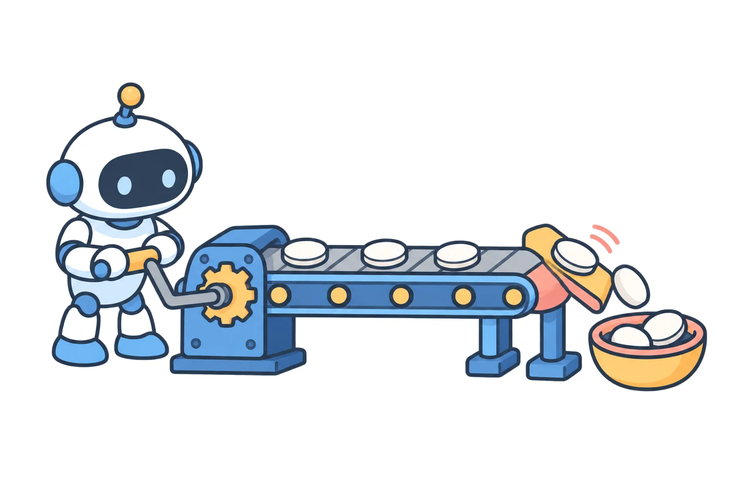 A robot calmly working a conveyor belt that keeps running while coins drop into a bowl at the end