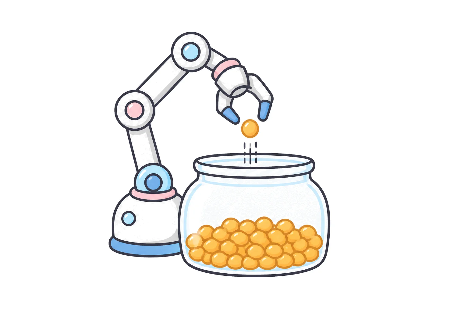 A robotic arm dropping one small coin at a time into a jar that is slowly filling up
