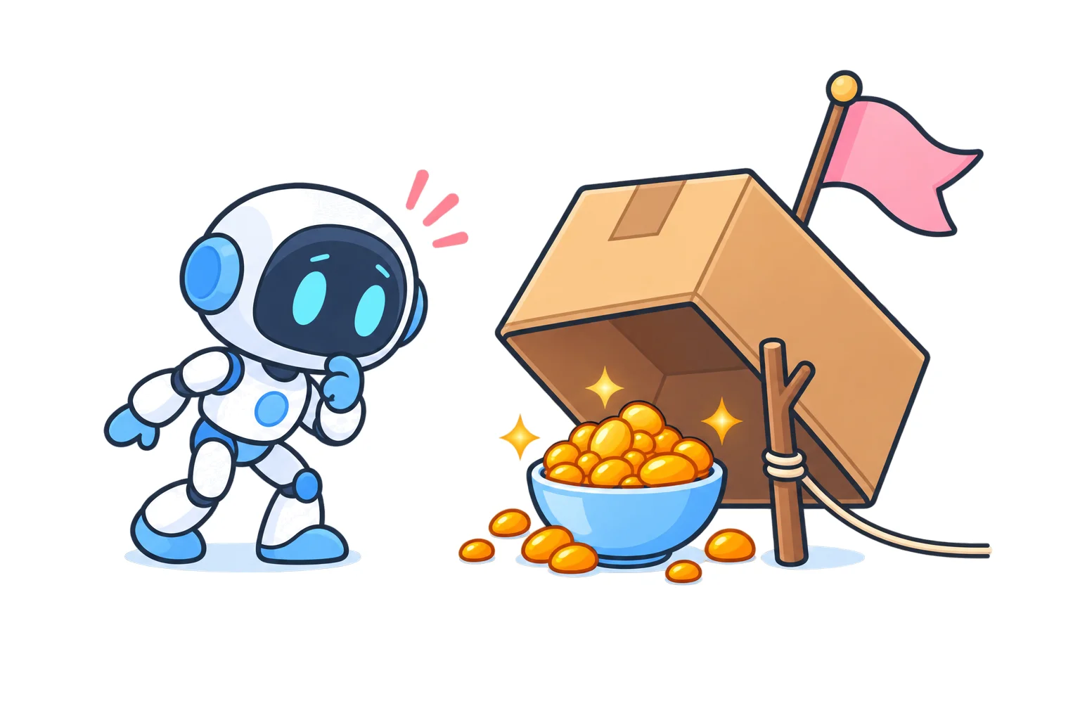 A robot pausing in front of a box trap propped on a stick, baited with a bowl of shiny coins, with a red flag on top