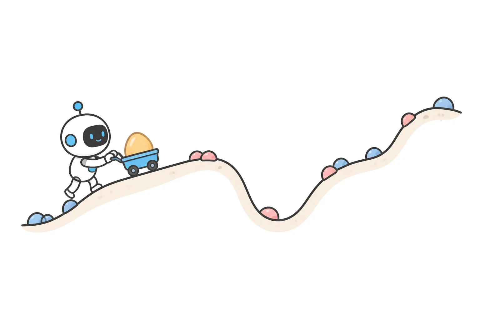 A robot pushing a small cart with one coin up an uneven path with dips and rises