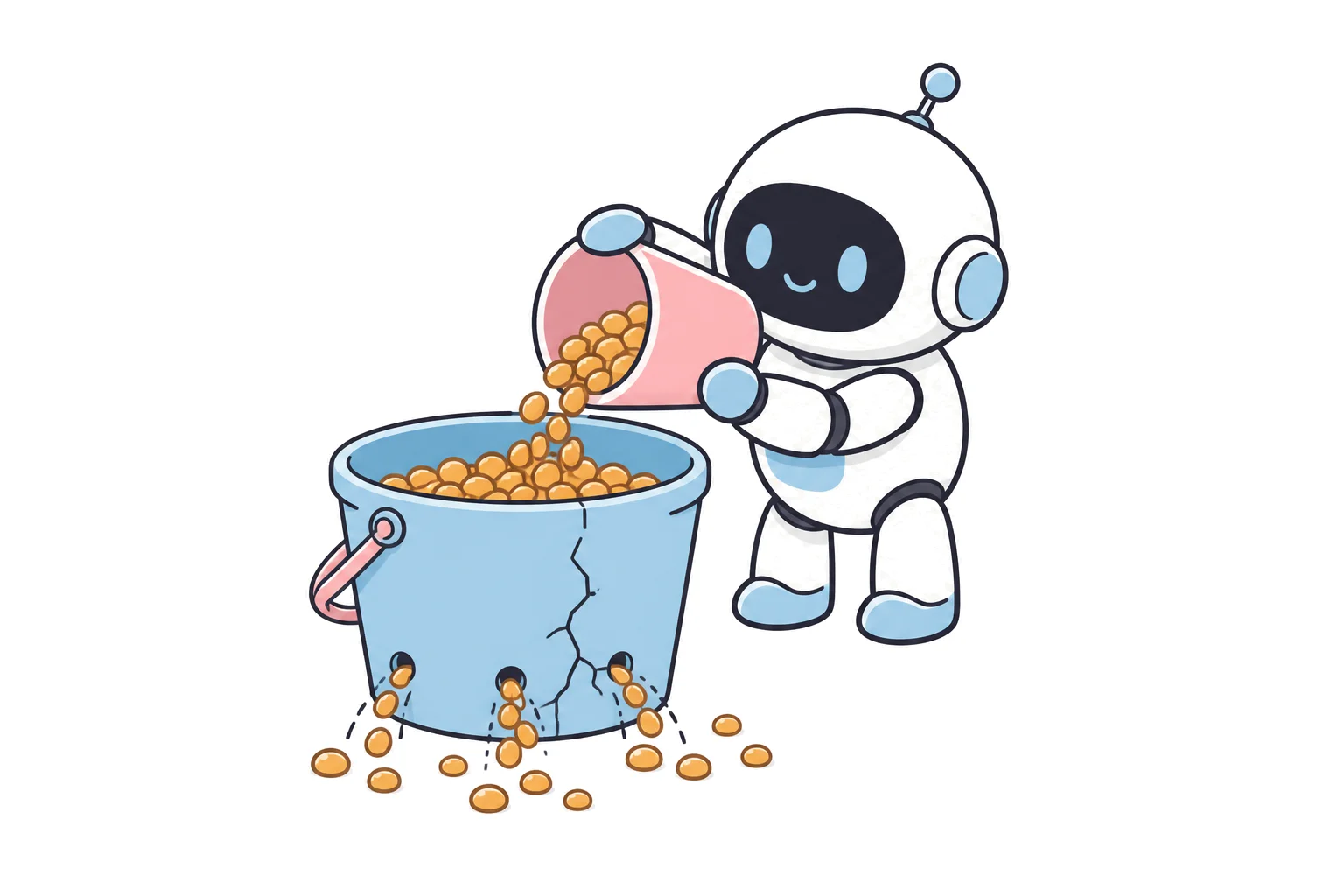 A robot pouring coins into a cracked bucket while coins leak out of the holes