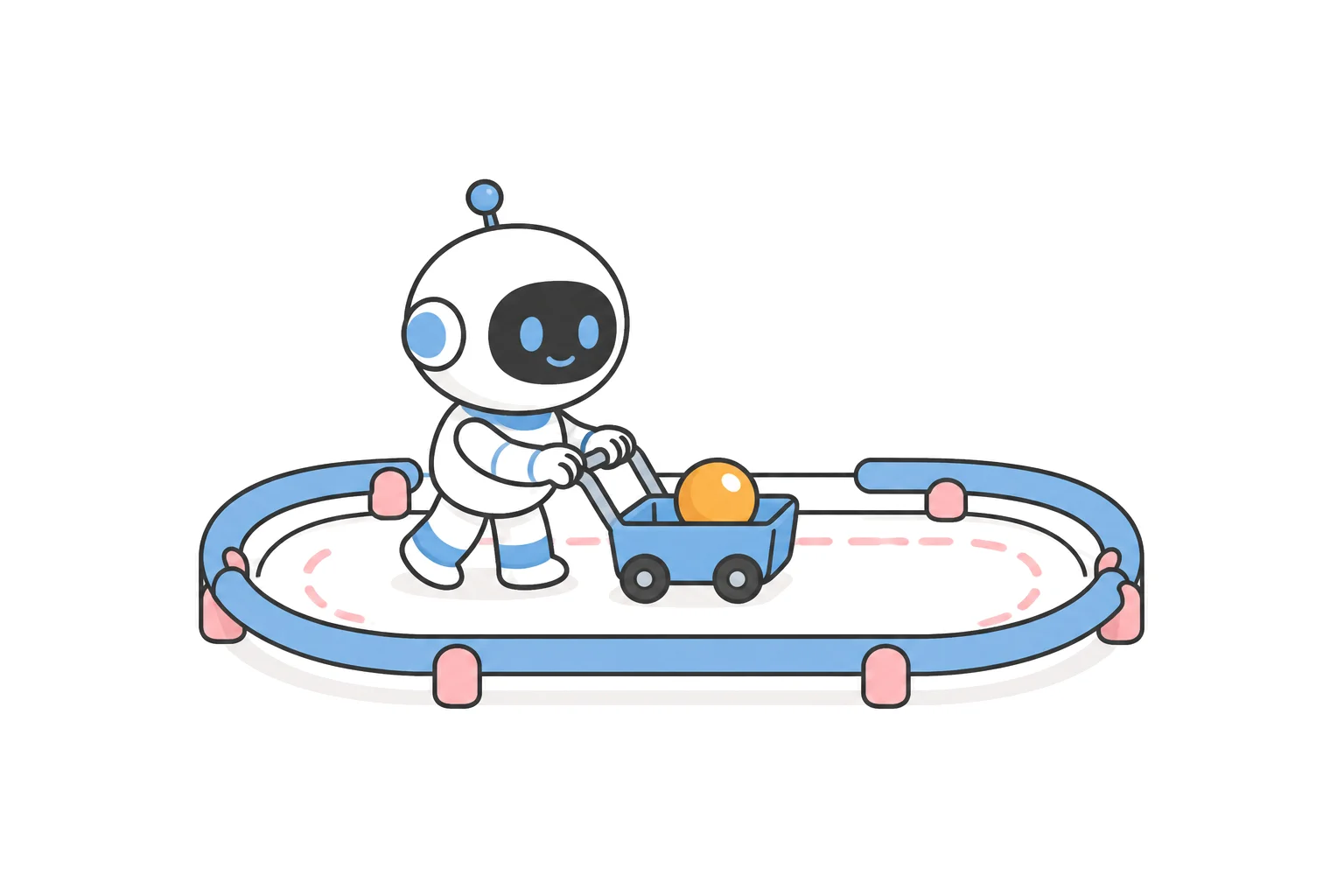 A robot pushing a small cart with one coin around a short practice track with soft barriers