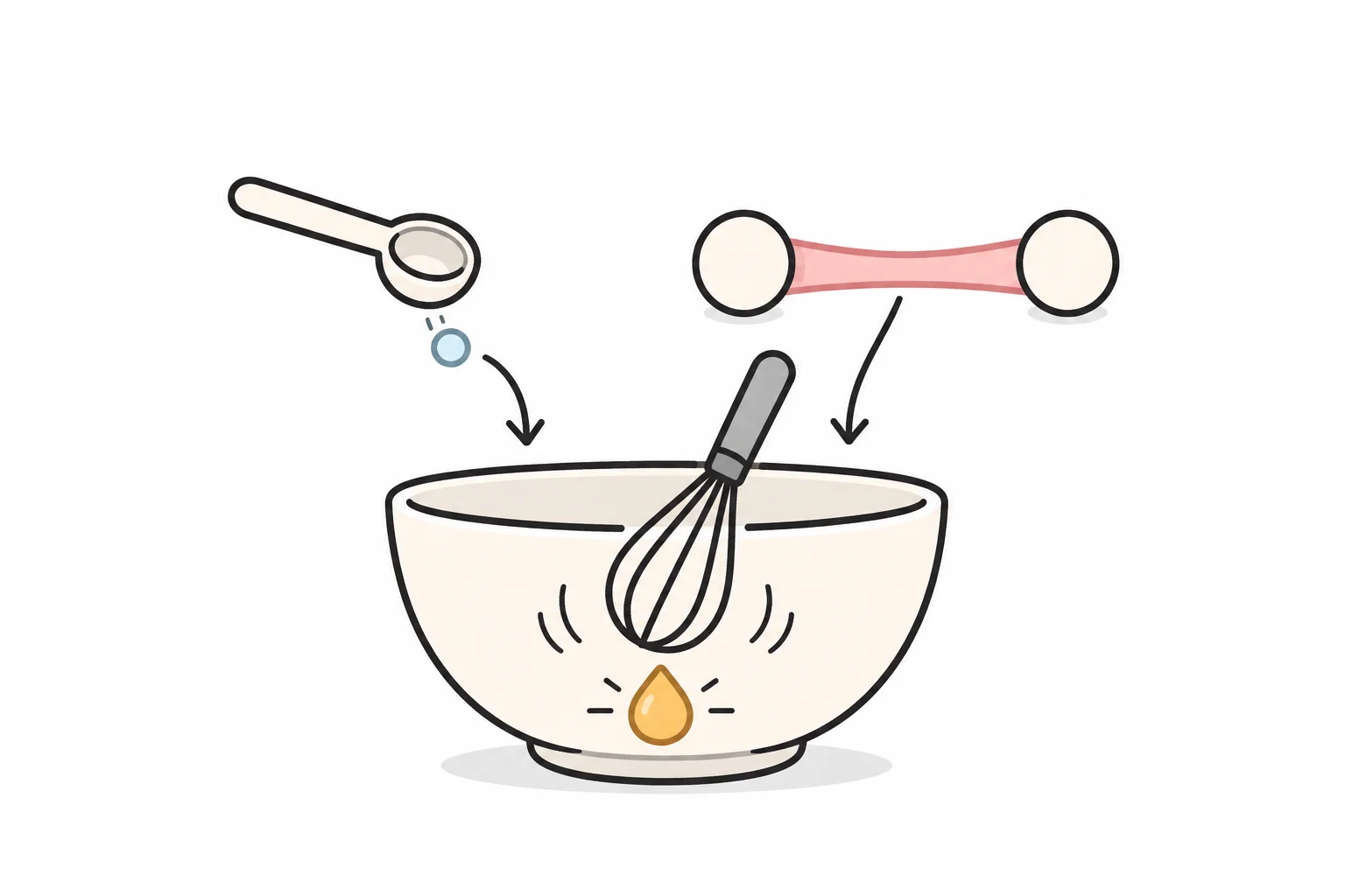 A mixing bowl with a whisk, a spoonful of powder and a stretched band poured in, and one drop coming out