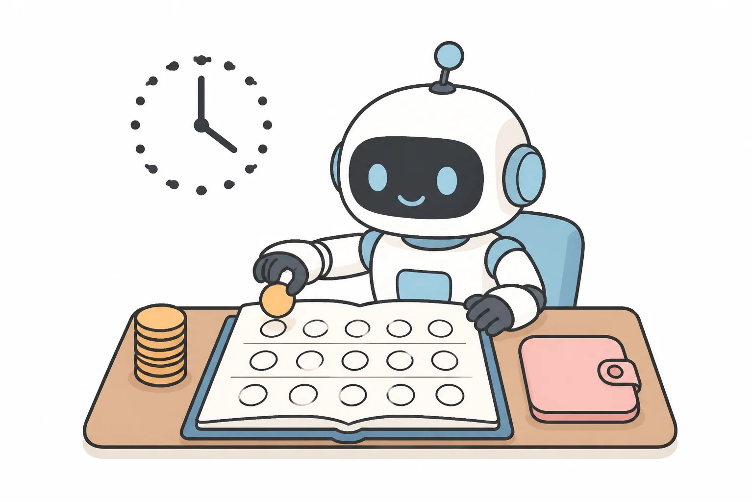 A robot at a desk filling in a ledger, with a stack of coins on one side, a wallet on the other, and a clock above