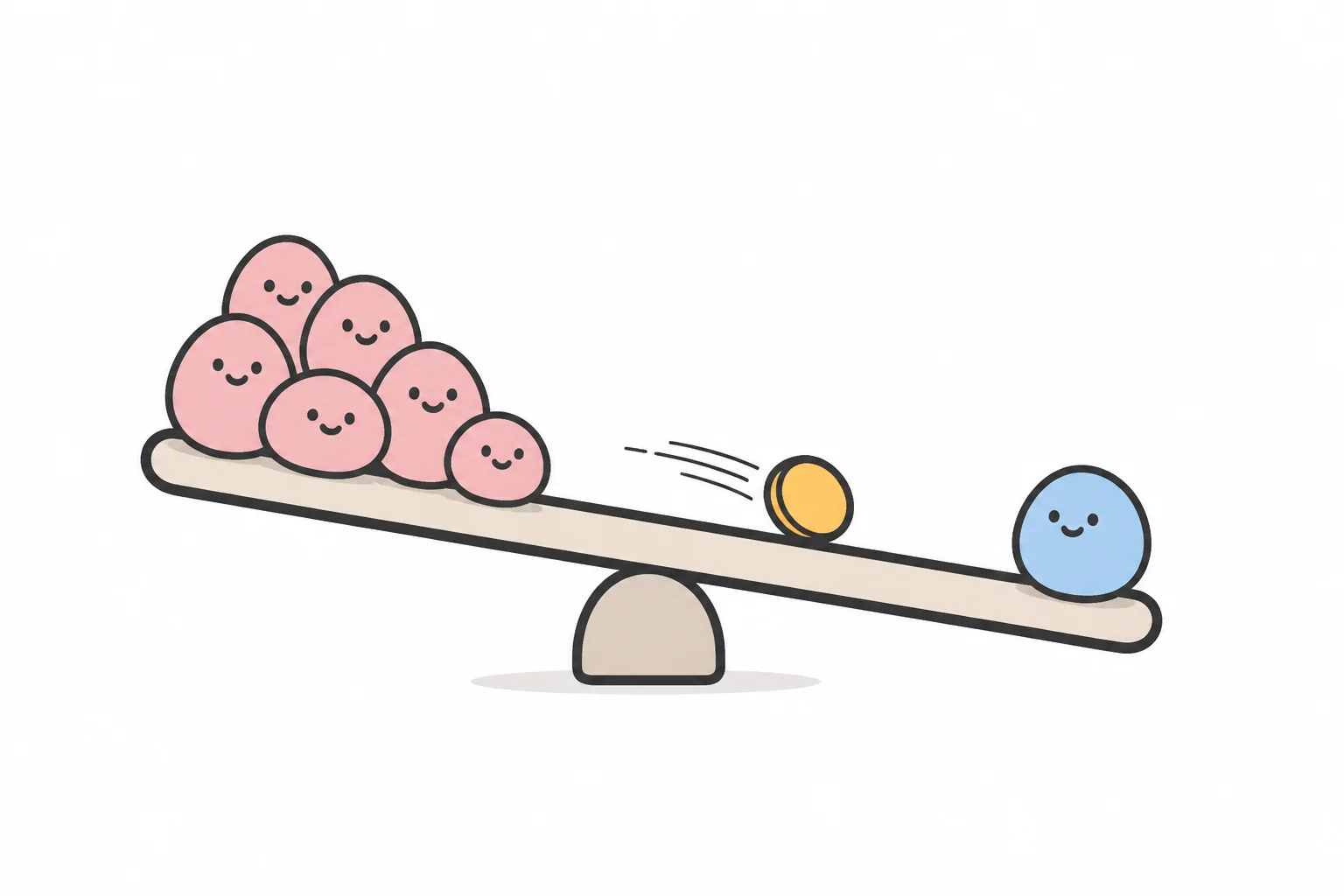 A seesaw tipped by a crowd of pink balls on one side, sending a coin sliding toward the lone blue ball on the other