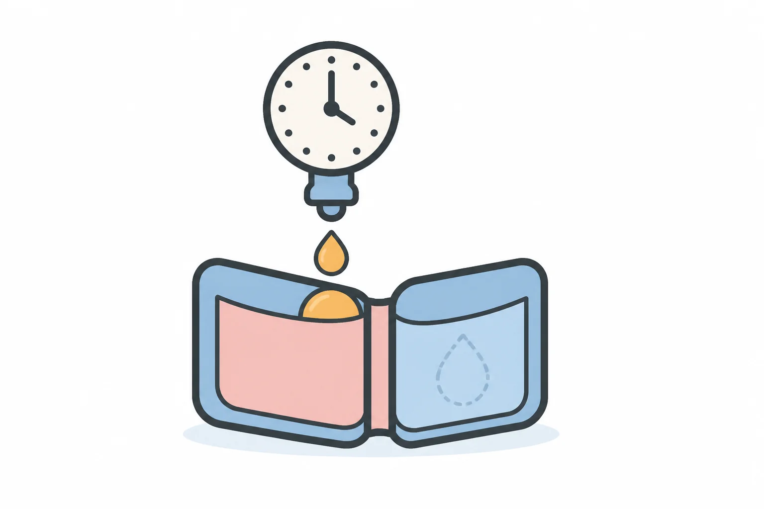 A tap with a clock face dripping into one half of an open wallet while the other half stays empty
