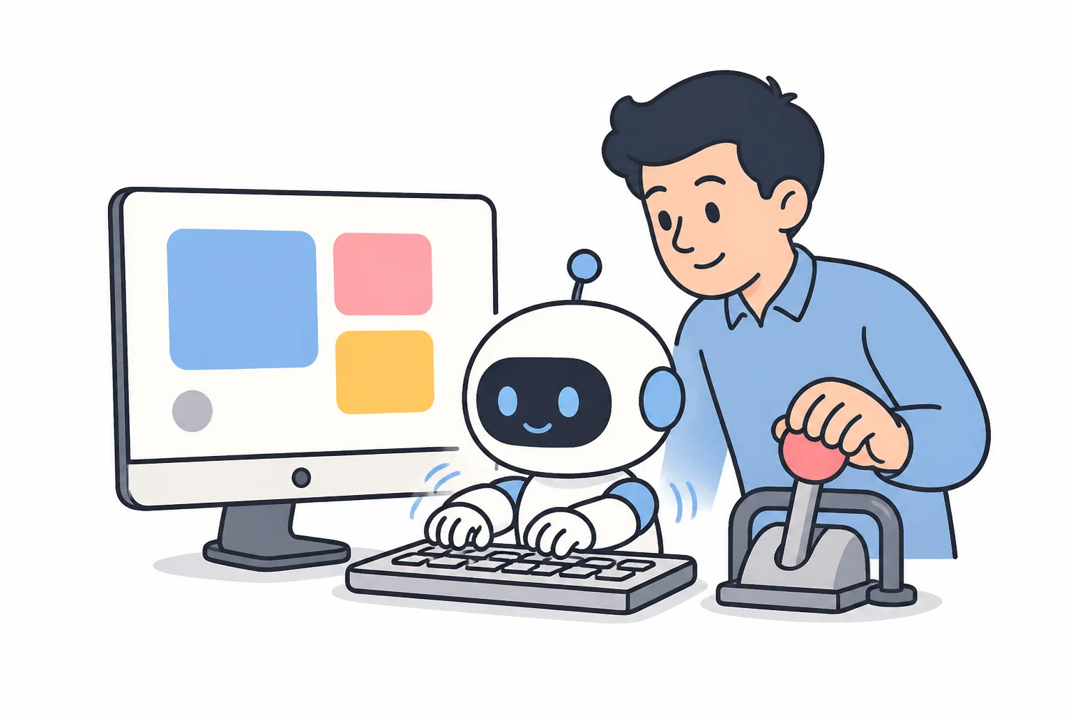 A robot typing at a keyboard while a person keeps a hand on a large control lever