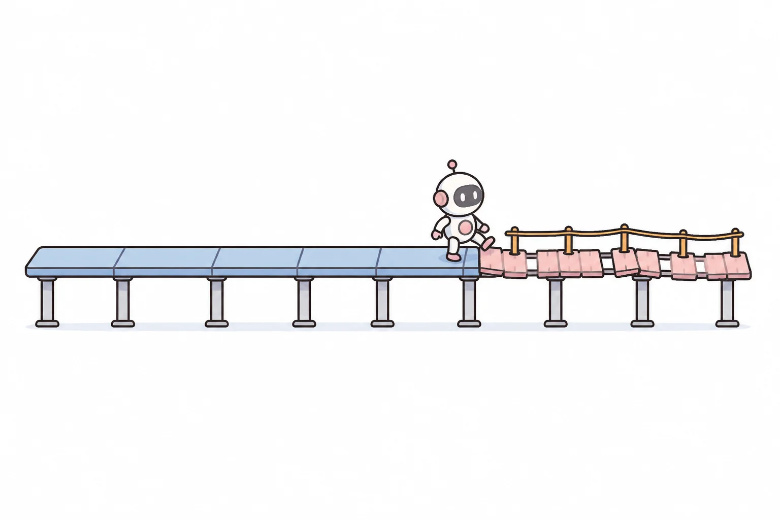 A robot sitting where a smooth solid bridge turns into a rickety rope bridge
