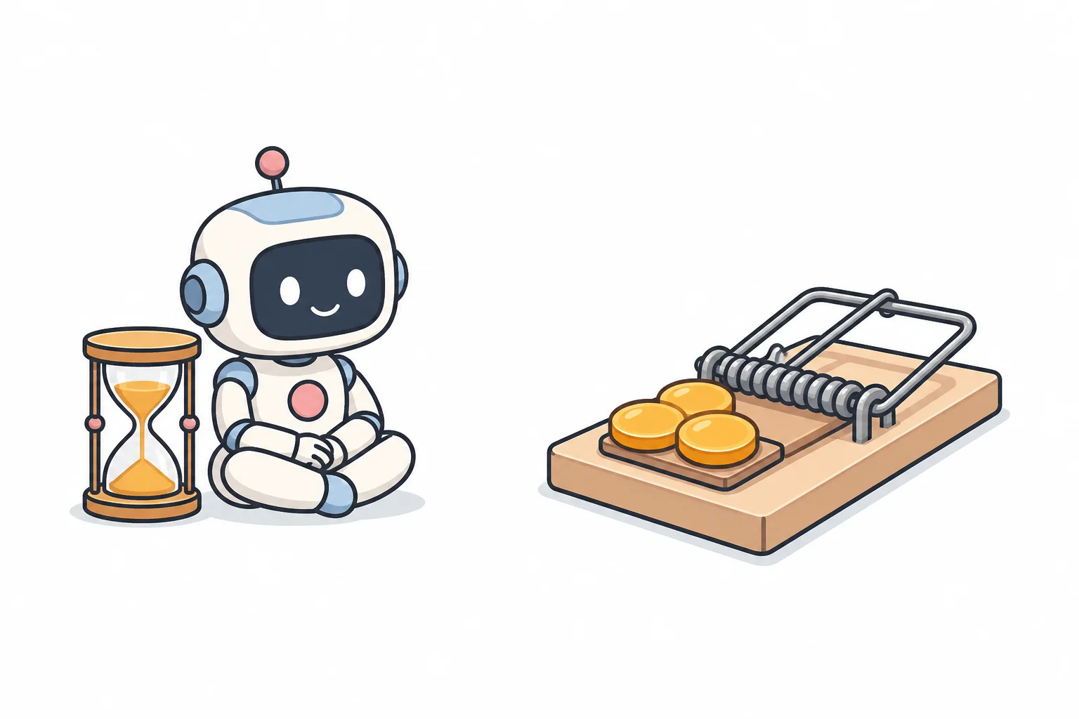 A robot waiting beside an hourglass and looking at a mousetrap baited with coins