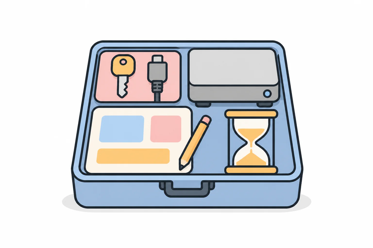 An open case holding a key, a cable, a small computer, notes, and an hourglass