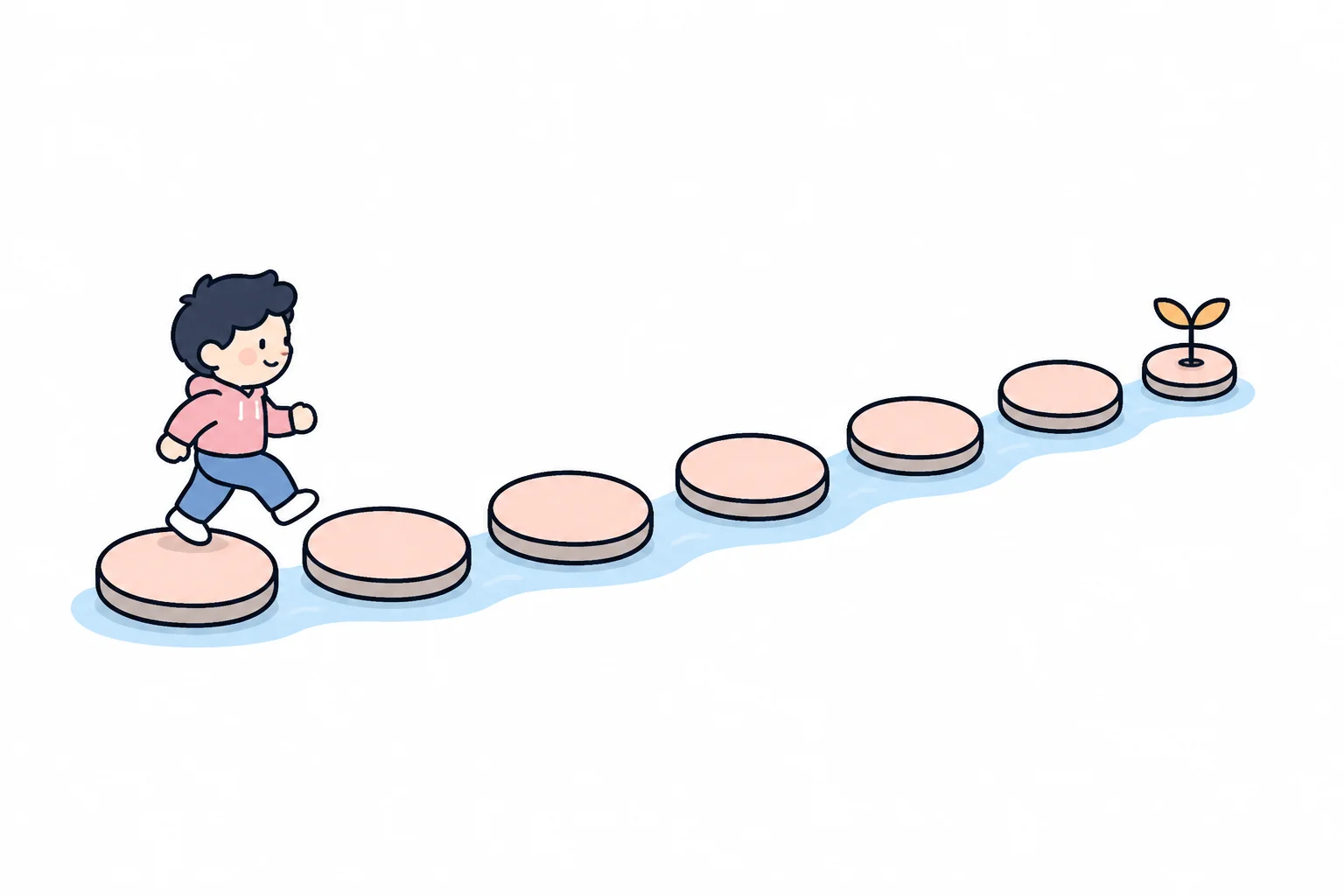 A person crossing a line of stepping stones toward a small sprouting plant