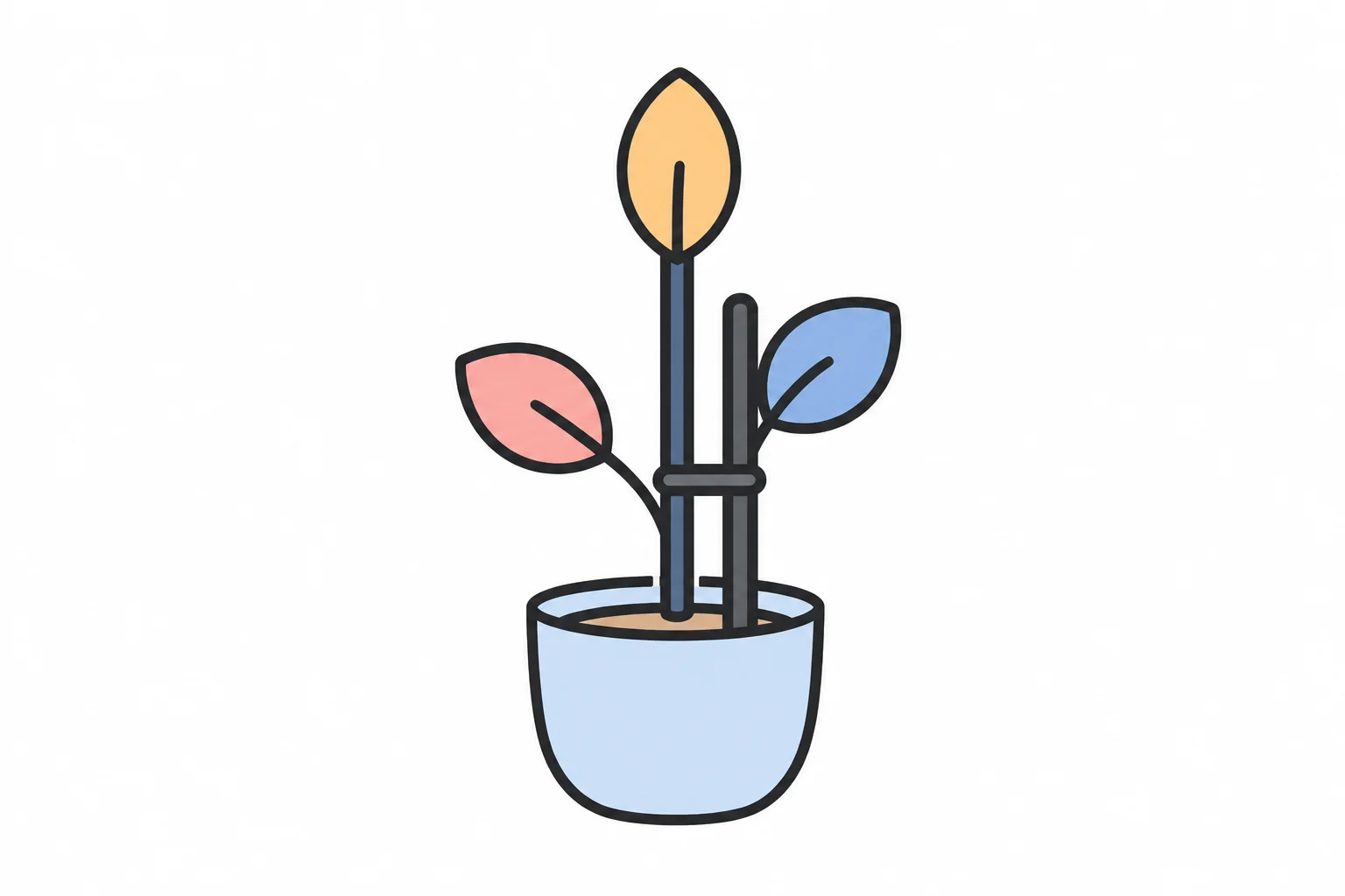 A young plant tied to a support stake, growing in a pot