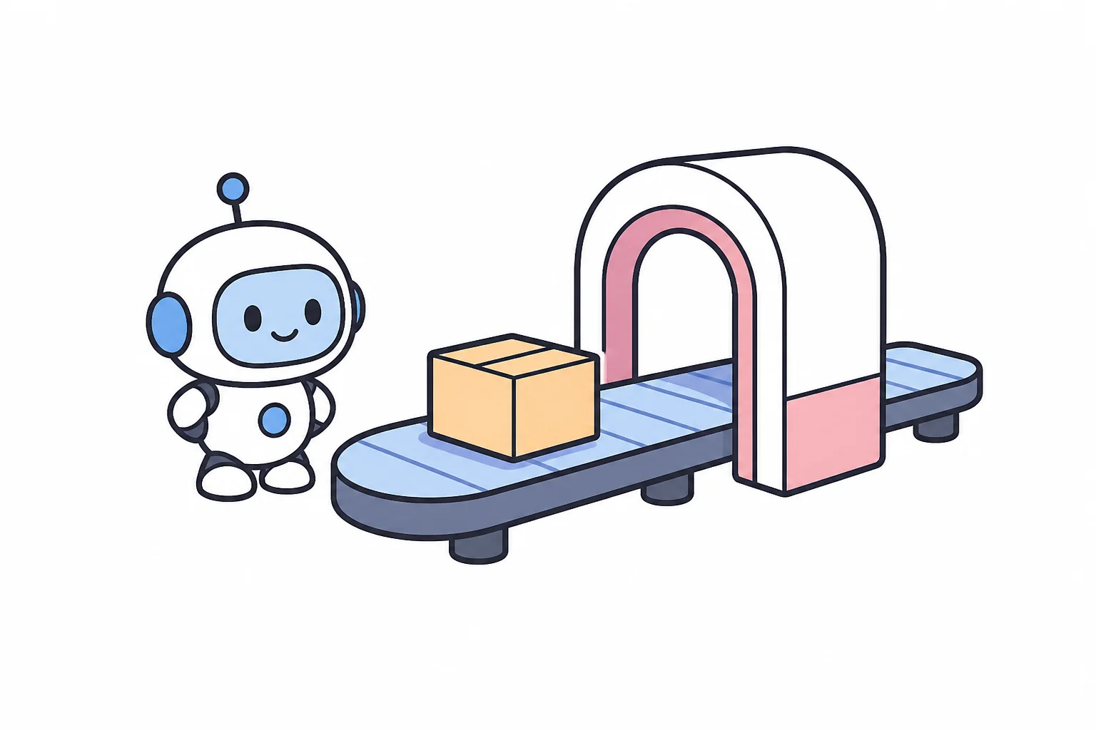 A small robot sending a parcel along a conveyor belt through a checkpoint arch