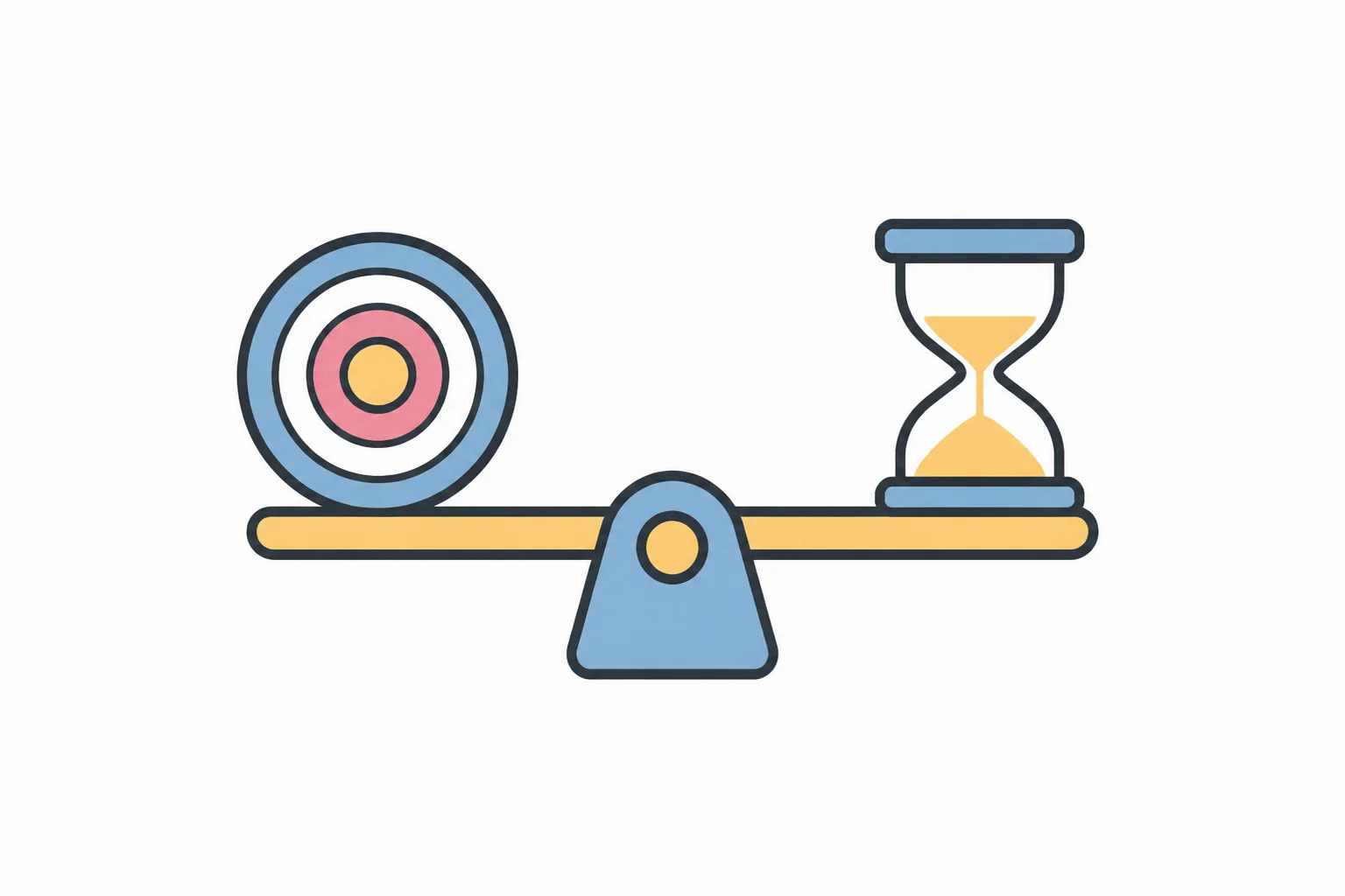 A balance scale with a target on one side and an hourglass on the other