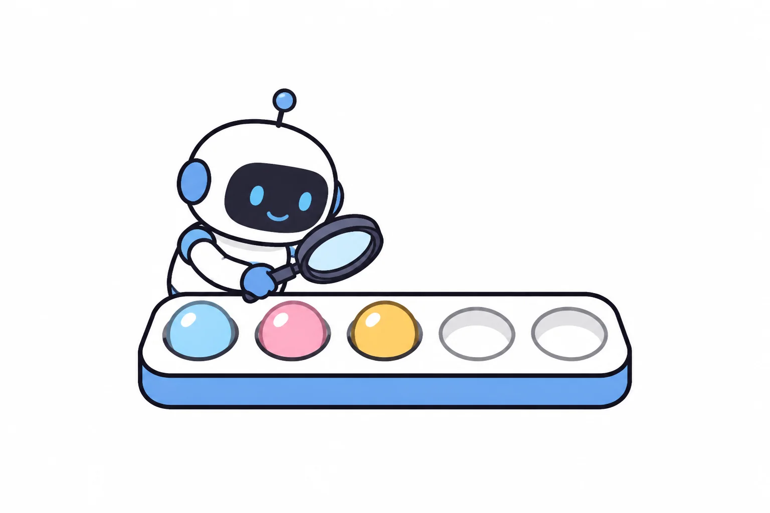 A robot with a magnifying glass looking at a tray in which three of five slots are filled