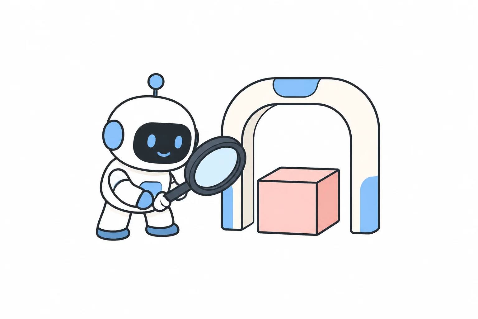 A robot with a magnifying glass inspecting a box that has just come out of a checkpoint arch