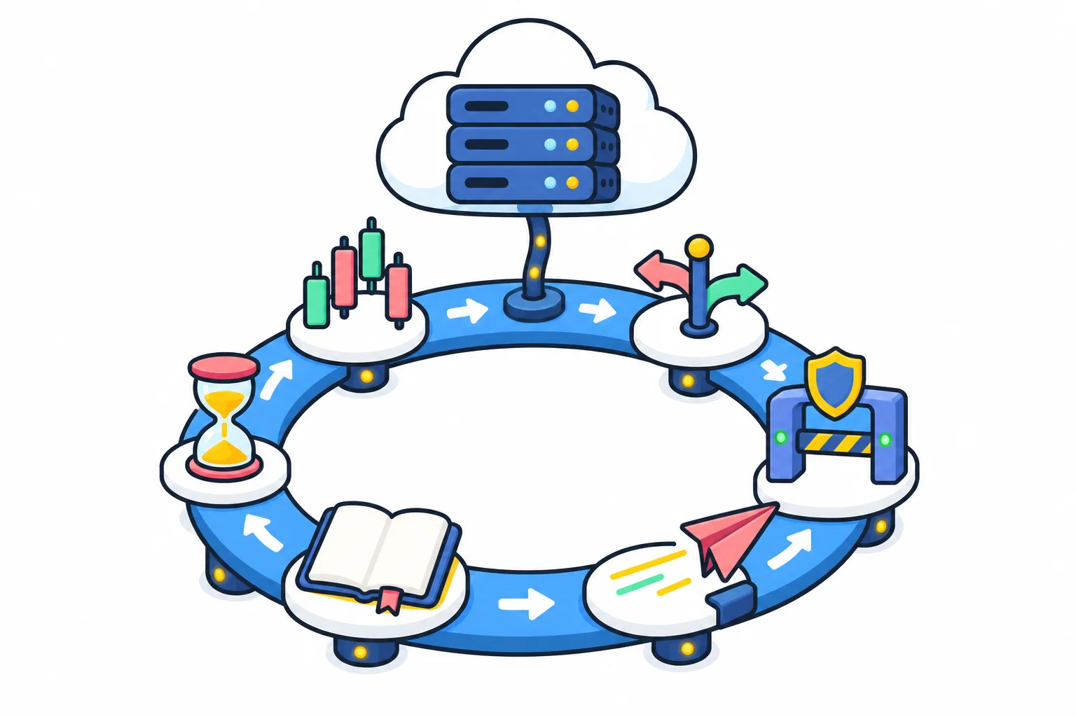 A circular conveyor loop linking small stations for incoming price charts, an open rulebook, a shield check, a paper-plane order, a note sheet, and an hourglass, connected to an exchange server in a cloud