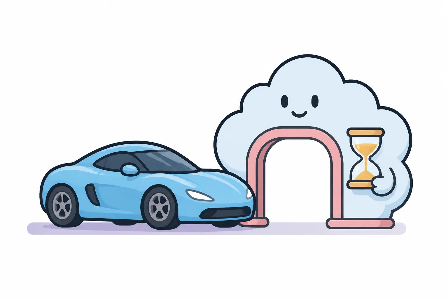 A sports car waiting at a small gate held by a smiling cloud holding an hourglass