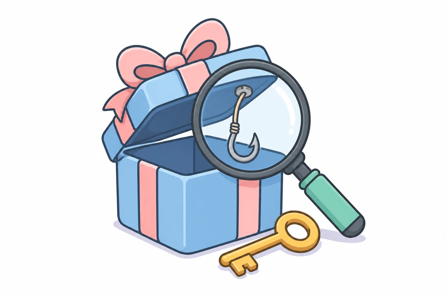 A magnifying glass over an opened gift box revealing a fish hook inside, with a key lying beside the box