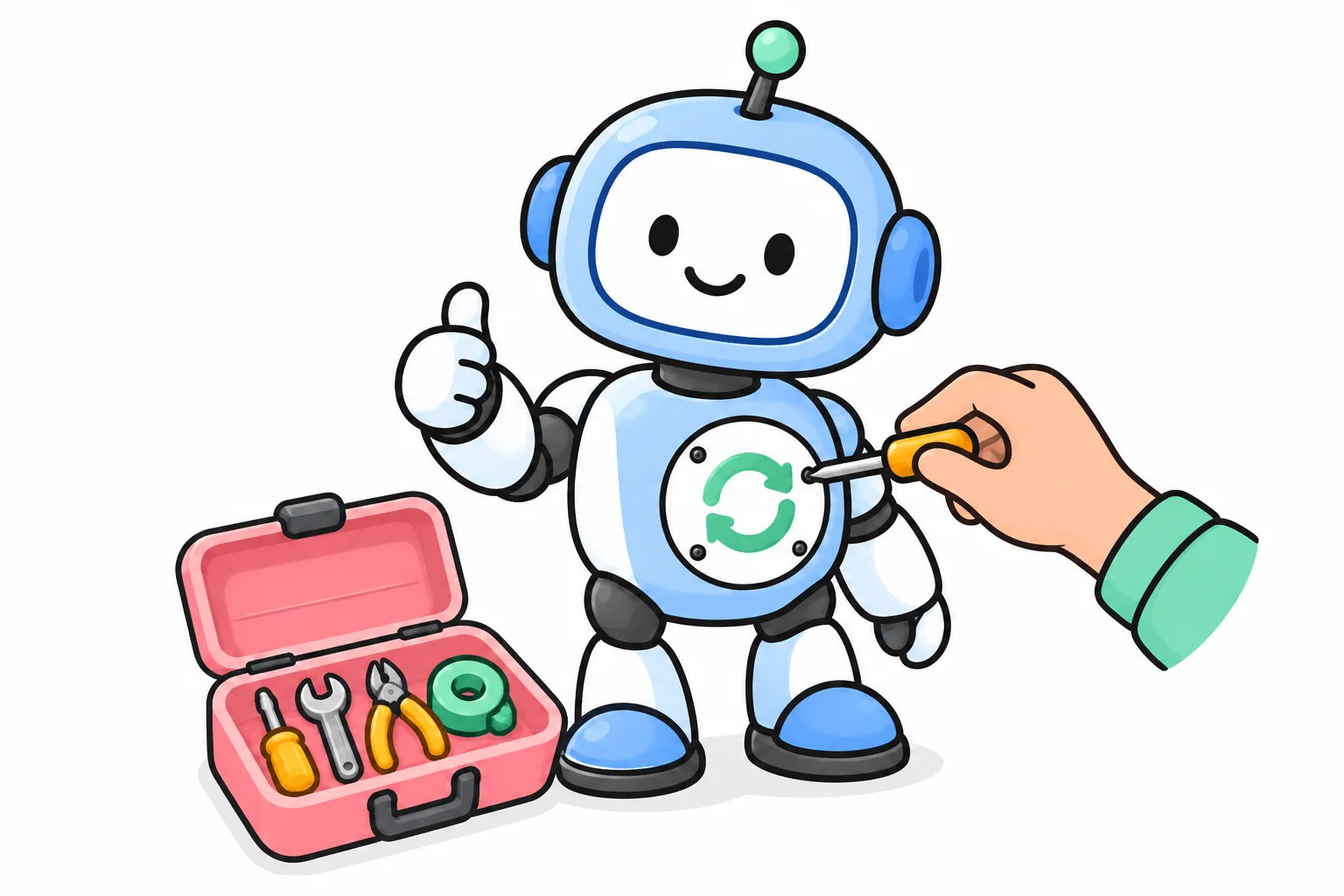 A friendly robot giving a thumbs up beside a small open toolbox while a hand adjusts one round part with a screwdriver