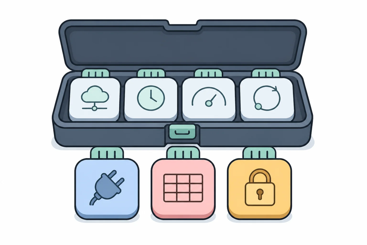 An open toolbox case holding tidy interchangeable parts, including a plug, a table grid, a padlock, a cloud, a clock, and a gauge