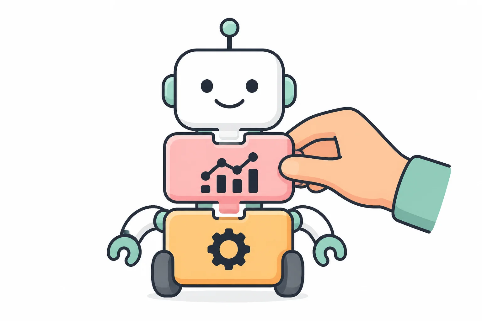 A hand snaps a chart-drawing module onto a friendly modular robot that already has a gear module in place